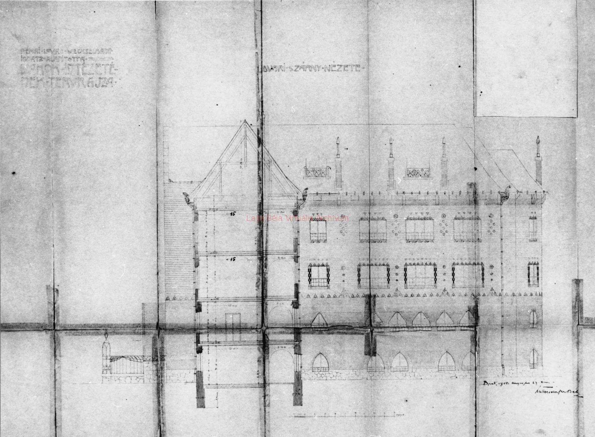 Cross section, elevation of the cross wing, 27.08.1905. 06_BFL_XV_17_d_329_31643 Lappang, reprodukció: Hild-Ybl Alapítvány archívuma