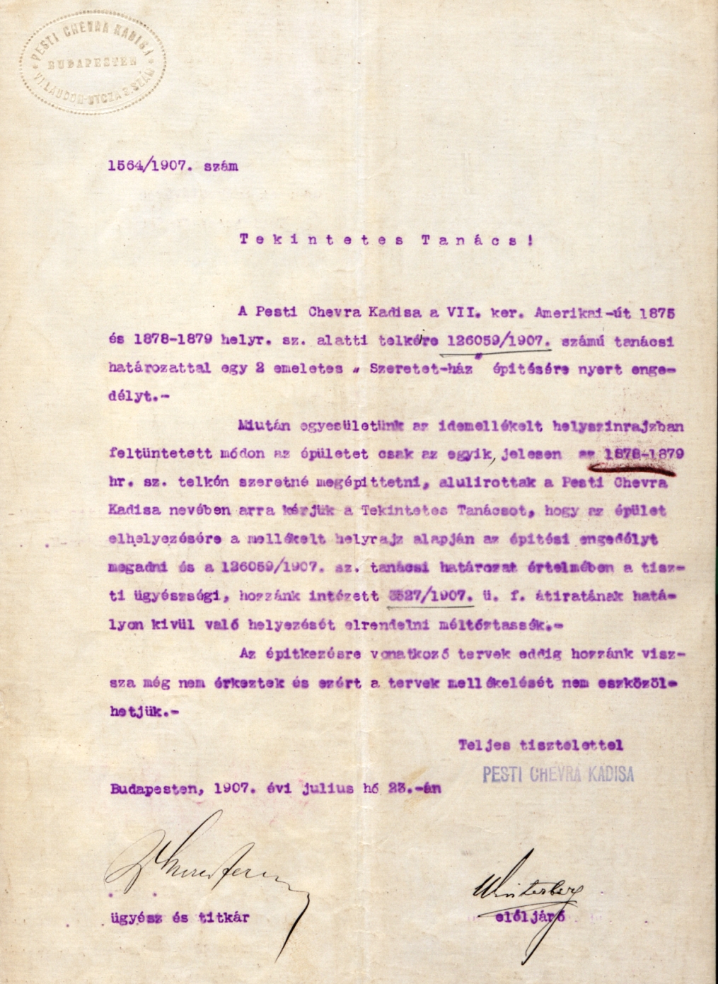 A Chevra Kadisa beadványa a főváros tanácsához az épület elhelyezésének módosítása iránt, 1907. VII. 23. 032_BFL_IV_1407_b III_2885_1907