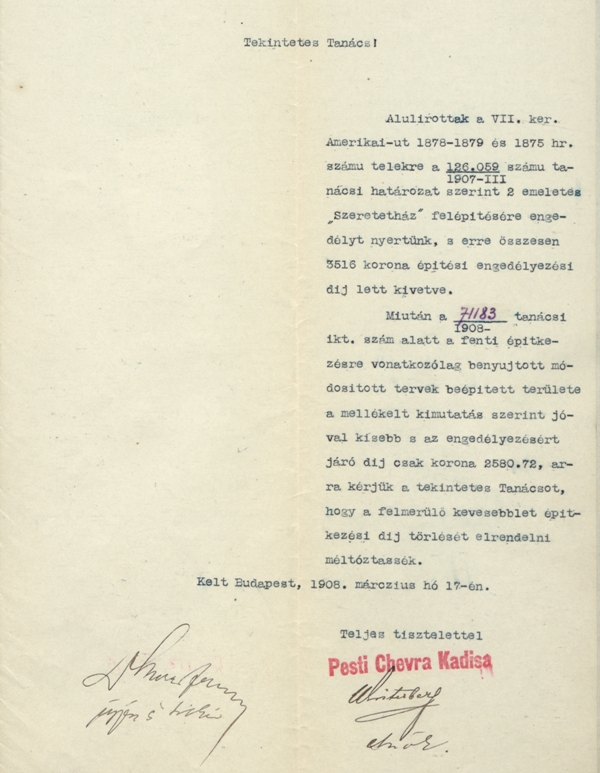 A Chevra Kadisa beadványa a főváros tanácsához az engedélyezési díj többletének visszatérítése iránt, 1908. III. 17. 063_BFL_IV_1407_b III_2885_1907