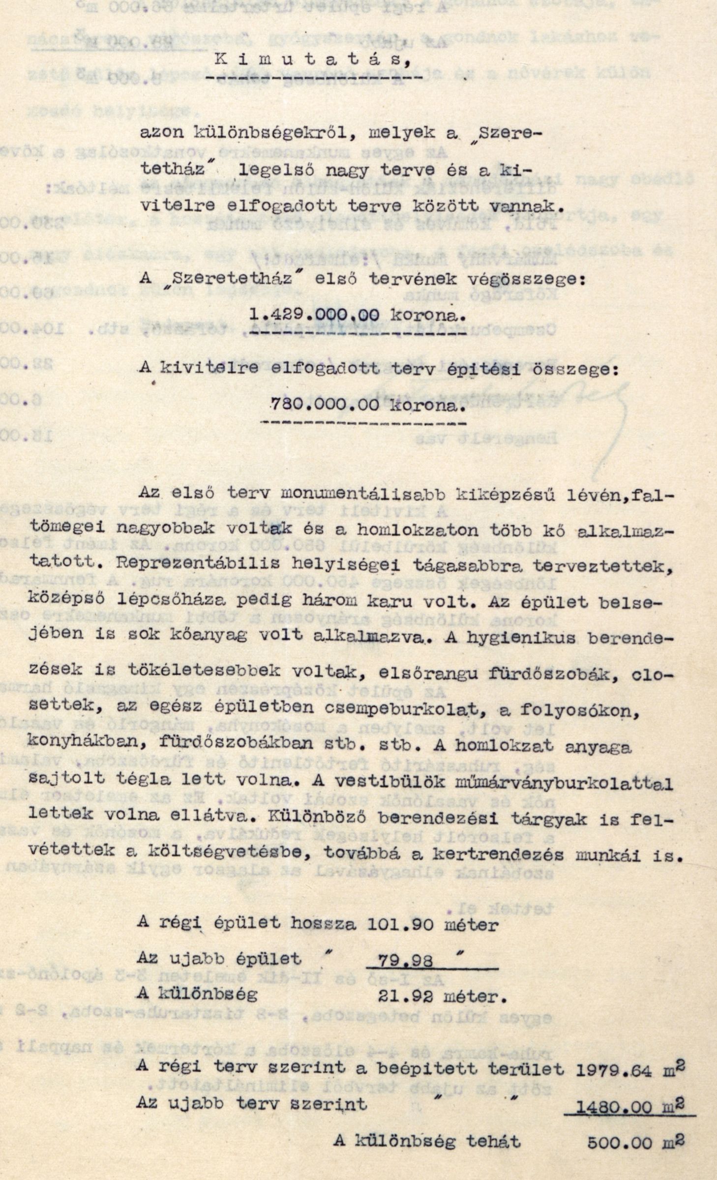 Lajta Béla kimutatása a Szeretetház terveinek költségvetései közötti különbségekről, 1907. XI. 19. 047_Magyar Zsidó Levéltár, a Pesti Chevra Kadisa iratai