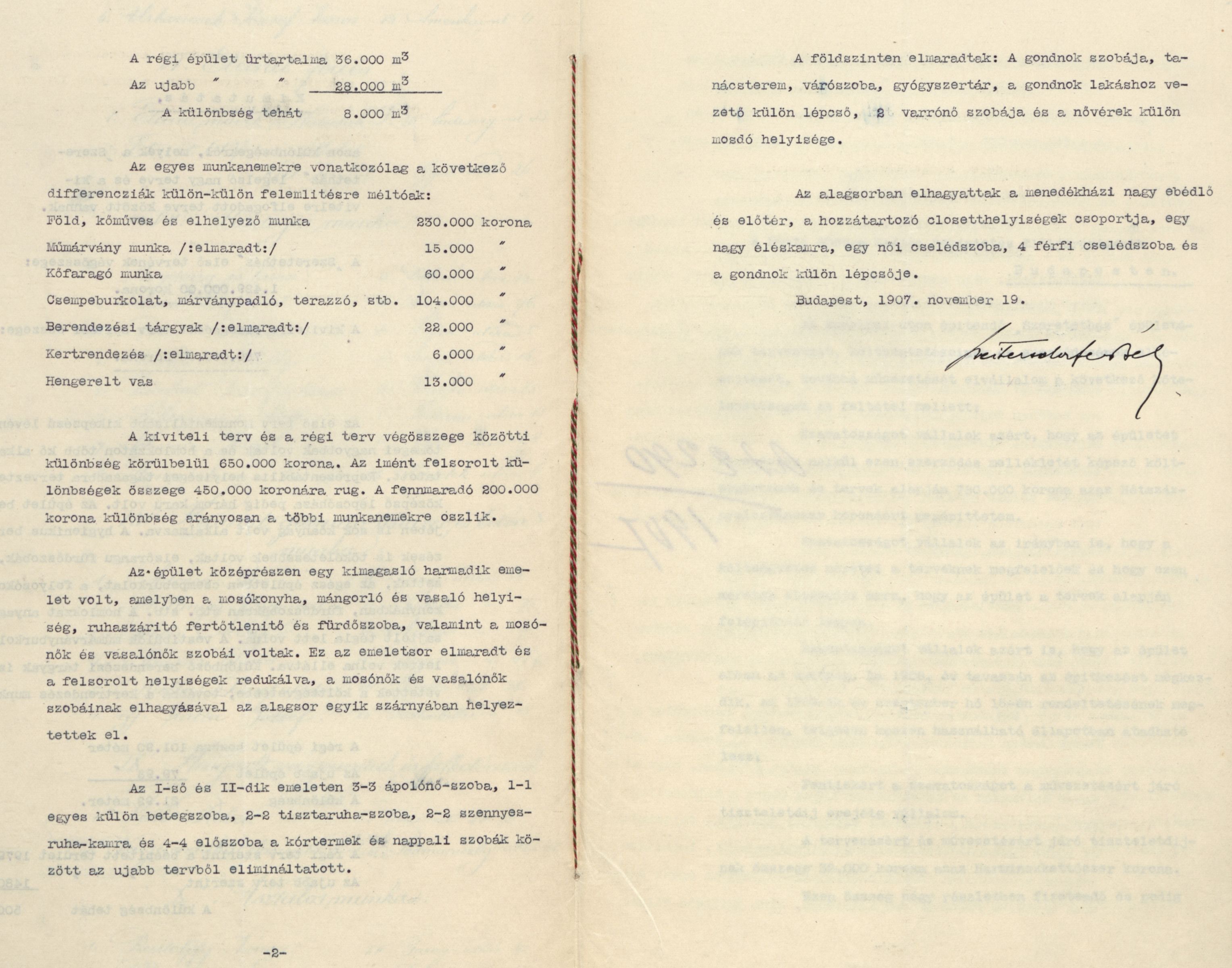 Lajta Béla kimutatása a Szeretetház terveinek költségvetései közötti különbségekről, 1907. XI. 19. 048_Magyar Zsidó Levéltár, a Pesti Chevra Kadisa iratai