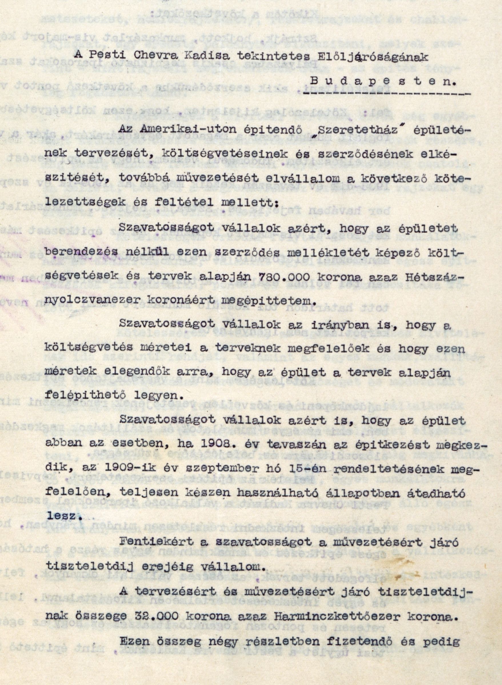 Lajta Béla szerződése a Chevra Kadisa elöljáróságával a Szeretetház tervezési és művezetési munkáira, 1907. XI. 19. 049_Magyar Zsidó Levéltár, a Pesti Chevra Kadisa iratai