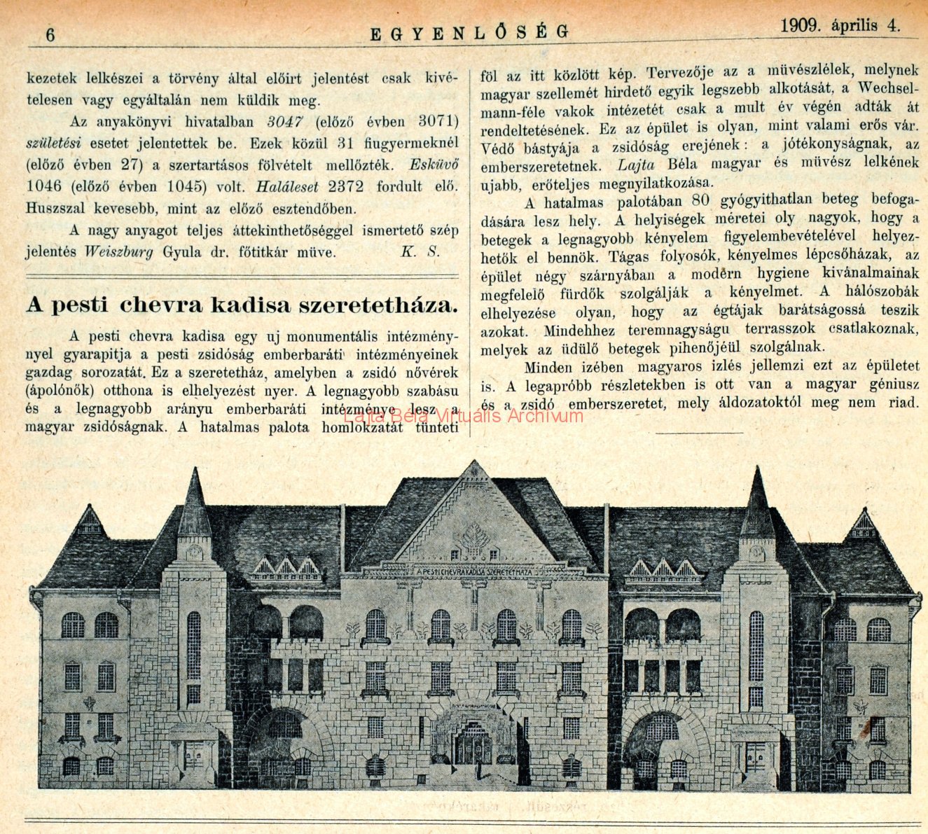 n. n.: A pesti chevra kadisa szeretetháza. 00150_Egyetértés, 1909. IV. 4. 6. p.