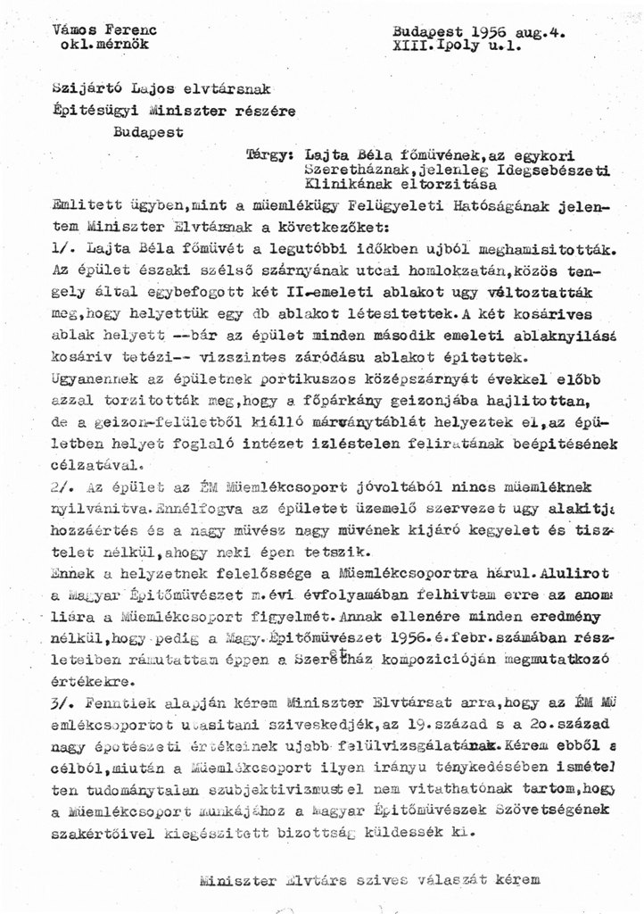 Vámos Ferenc levele Szíjártó Lajos építésügyi miniszternek a Szeretetház átépítésével kapcsolatban, 1956. VIII. 4. 01_Magyar Építészeti Múzeum, Vámos Ferenc hagyatéka
