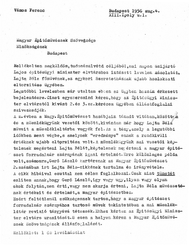 Vámos Ferenc levele a Magyar Építőművészek Szövetsége elnökségének a Szeretetház átépítésével kapcsolatban, 1956. VIII. 4. 02__Magyar Építészeti Múzeum, Vámos Ferenc hagyatéka