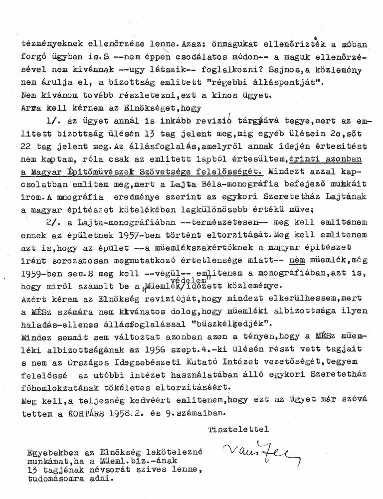 Vámos Ferenc levele a Magyar Építőművészek Szövetsége elnökségének a Szeretetház átépítésével kapcsolatban, 1959. III. 20. 04_Magyar Építészeti Múzeum, Vámos Ferenc hagyatéka