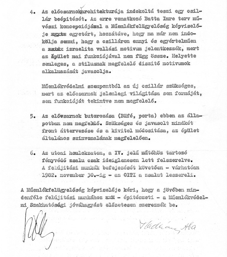Jegyzőkönyv a Budapesti Műemlékfelügyelőség és az Országos Idegsebészeti Tudományos Intézet képviselői által az épület felújítási munkáiról folytatott megbeszélésről, 1982. VII. 22. 06_ BFL_XV_17_e_306