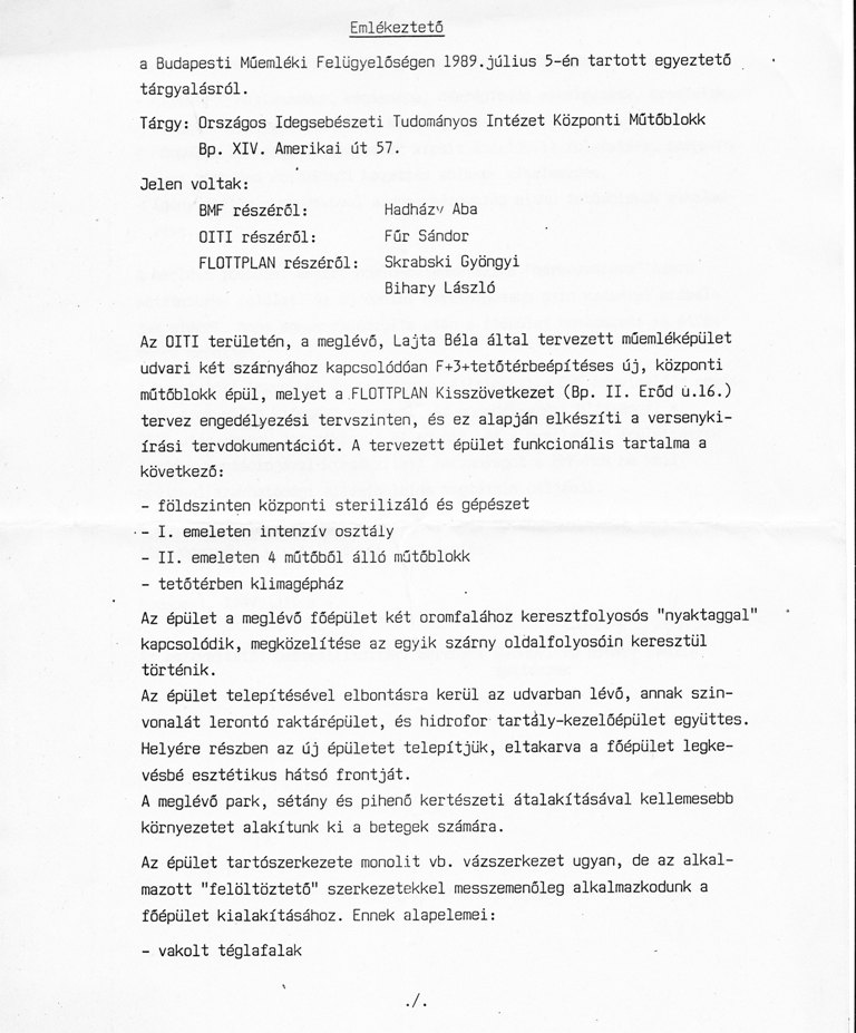Emlékeztető a BMF, az OITI és a tervező építészek által az új központi műtőblokk terveiről folytatott megbeszélésről, 1989. VII. 5. 25_ BFL_XV_17_e_306