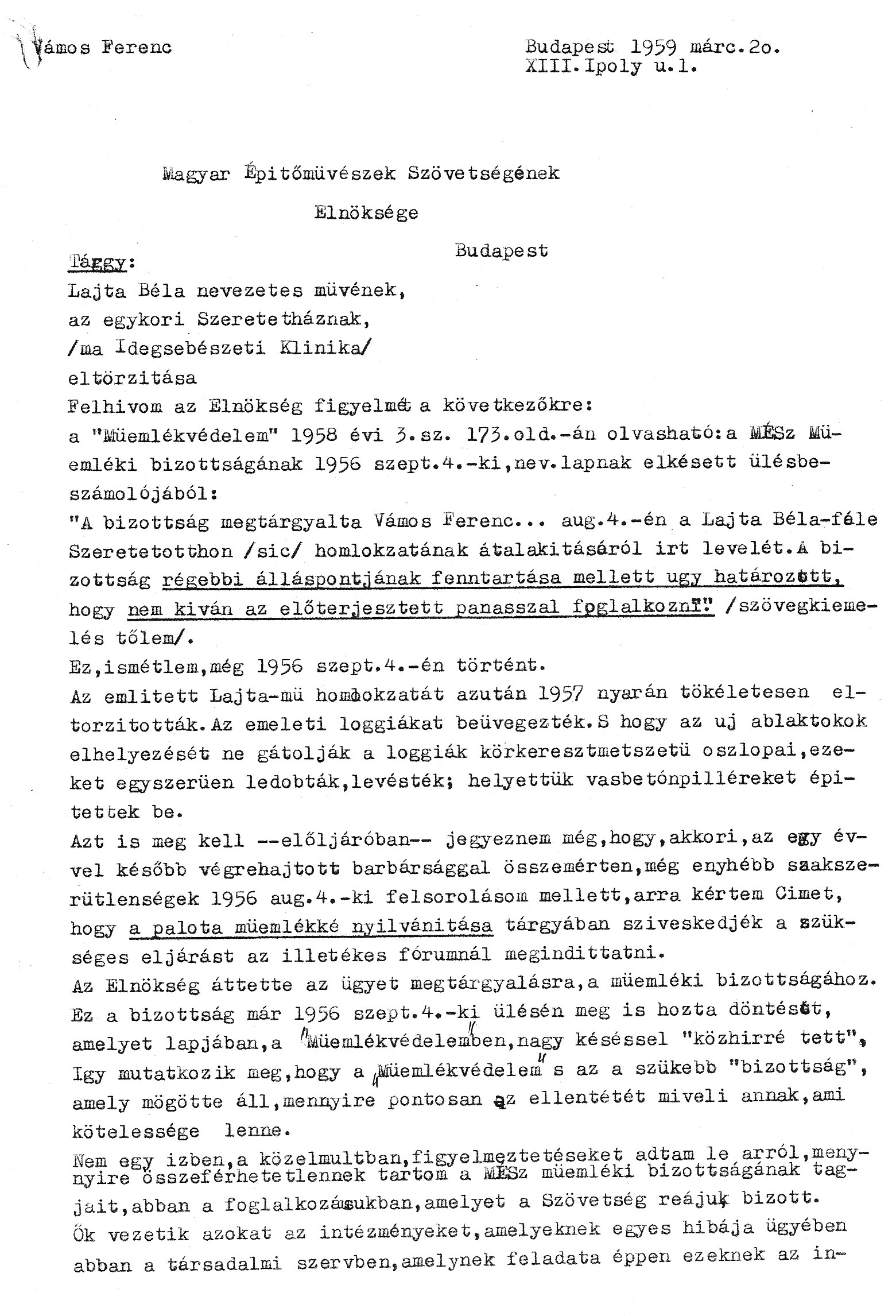 Vámos Ferenc levele a Magyar Építőművészek Szövetsége elnökségének a Szeretetház átépítésével kapcsolatban, 1959. III. 20. 03_Magyar Építészeti Múzeum, Vámos Ferenc hagyatéka