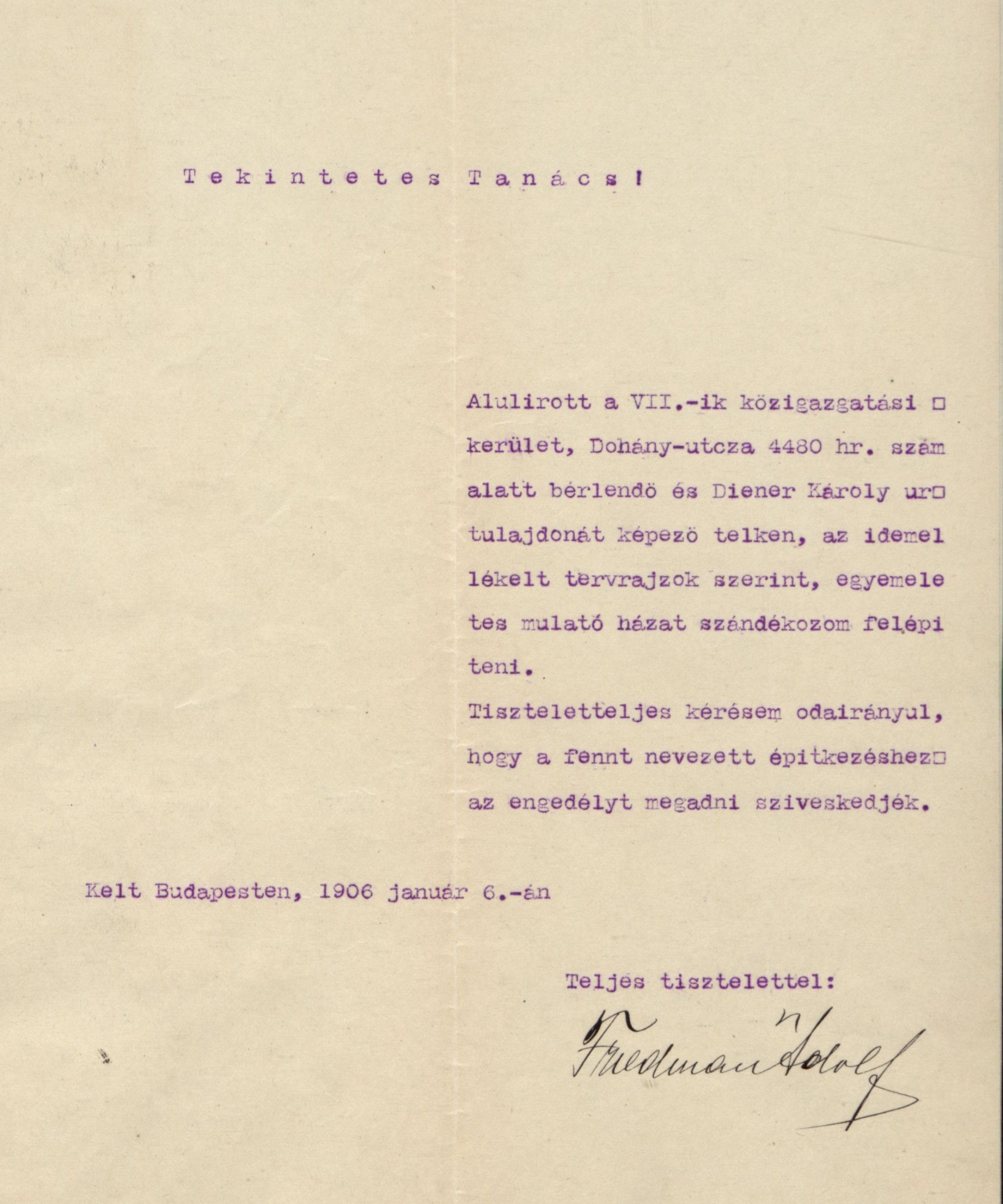 Friedmann Adolf építési engedélykérelme a Dohány utca 57. alatti telekre, 1906. I. 6. 001_BFL_IV_1407_b III_1325_1906