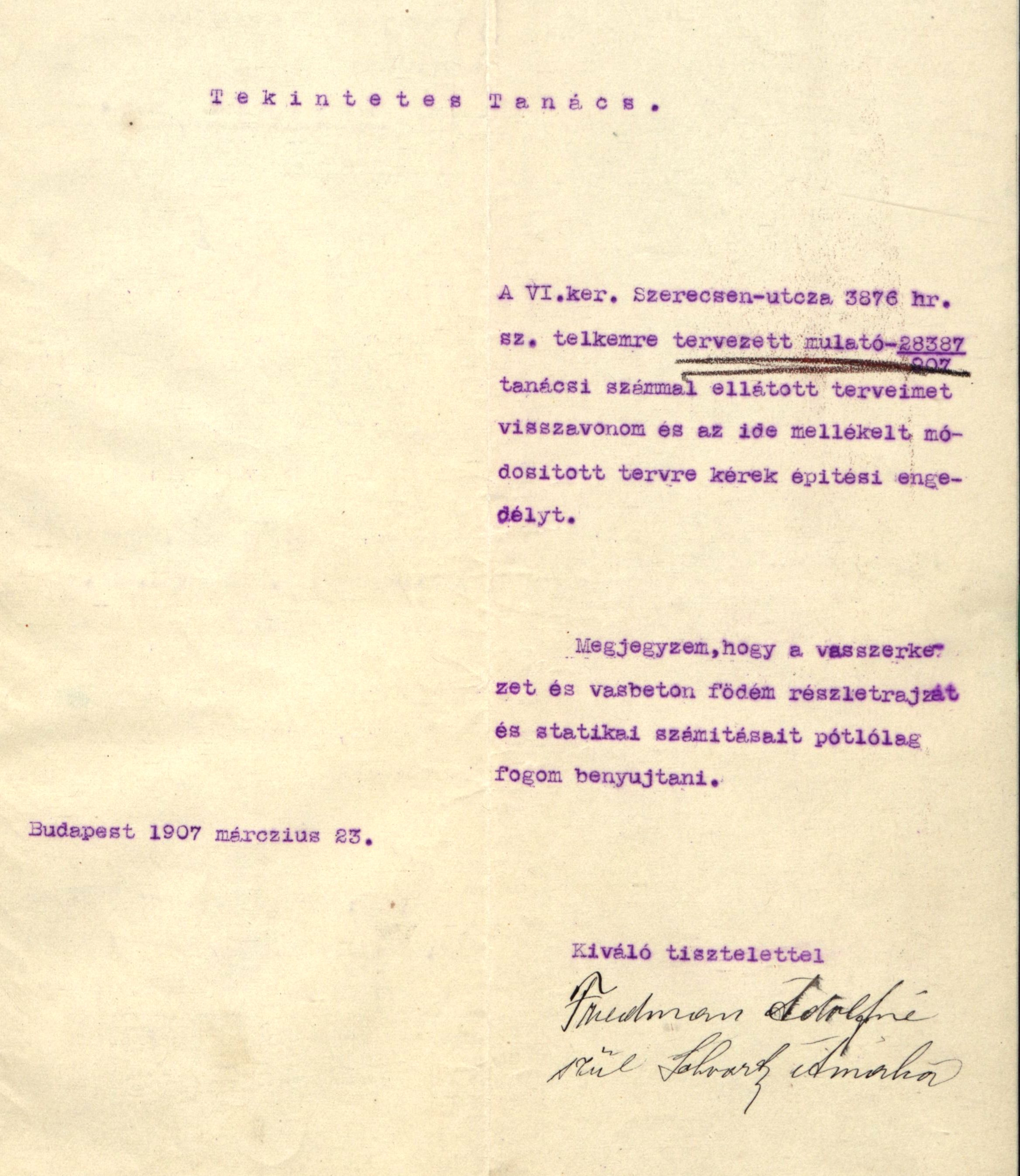 Friedmann Adolf módosított építési engedélykérelme a VI. Szerecsen utca 35. alatti telekre, 1907. III. 23. 032_BFL_IV_1407_b III_2674_1907