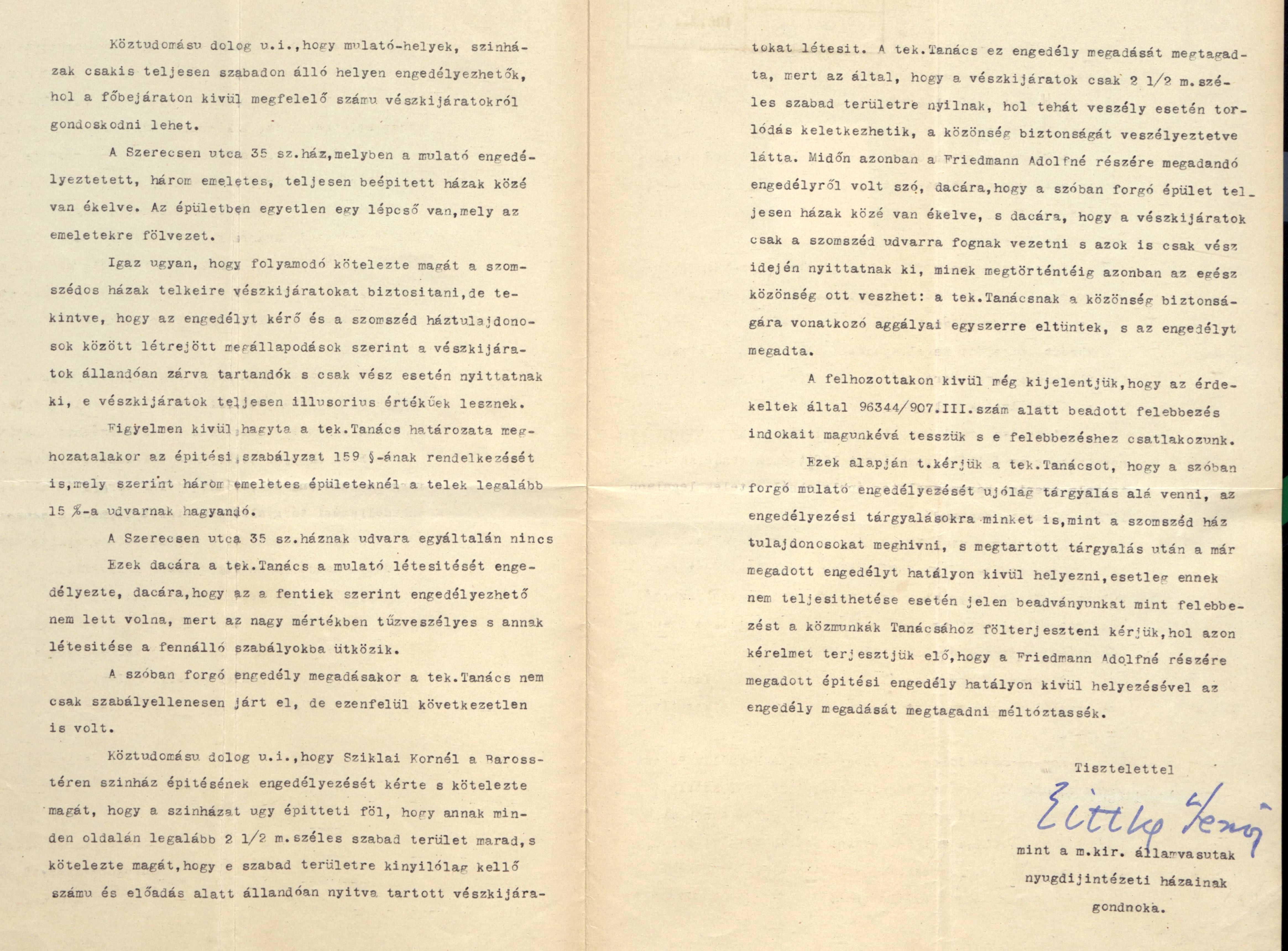 Littke Jenőnek, a MÁV nyugdíjintézeti bérház gondnokának fellebbezése az építési engedély megadása ellen, 1907. V. 4. 054_BFL_IV_1407_b III_415_1907