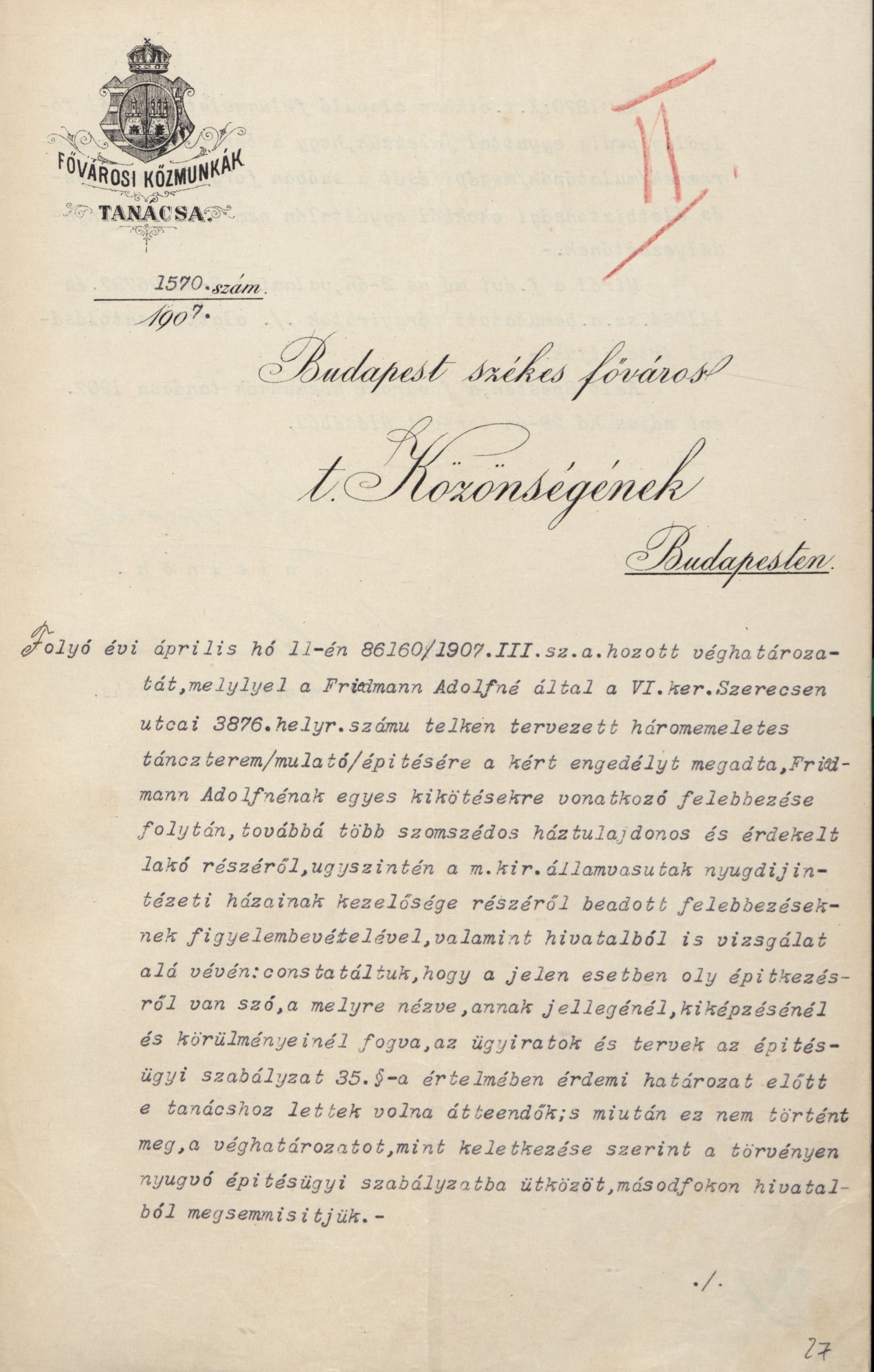 A Fővárosi Közmunkák Tanácsának az építési engedélyt megsemmisítő másodfokú határozata, 1907. V. 28. 062_BFL_IV_1407_b III_415_1907