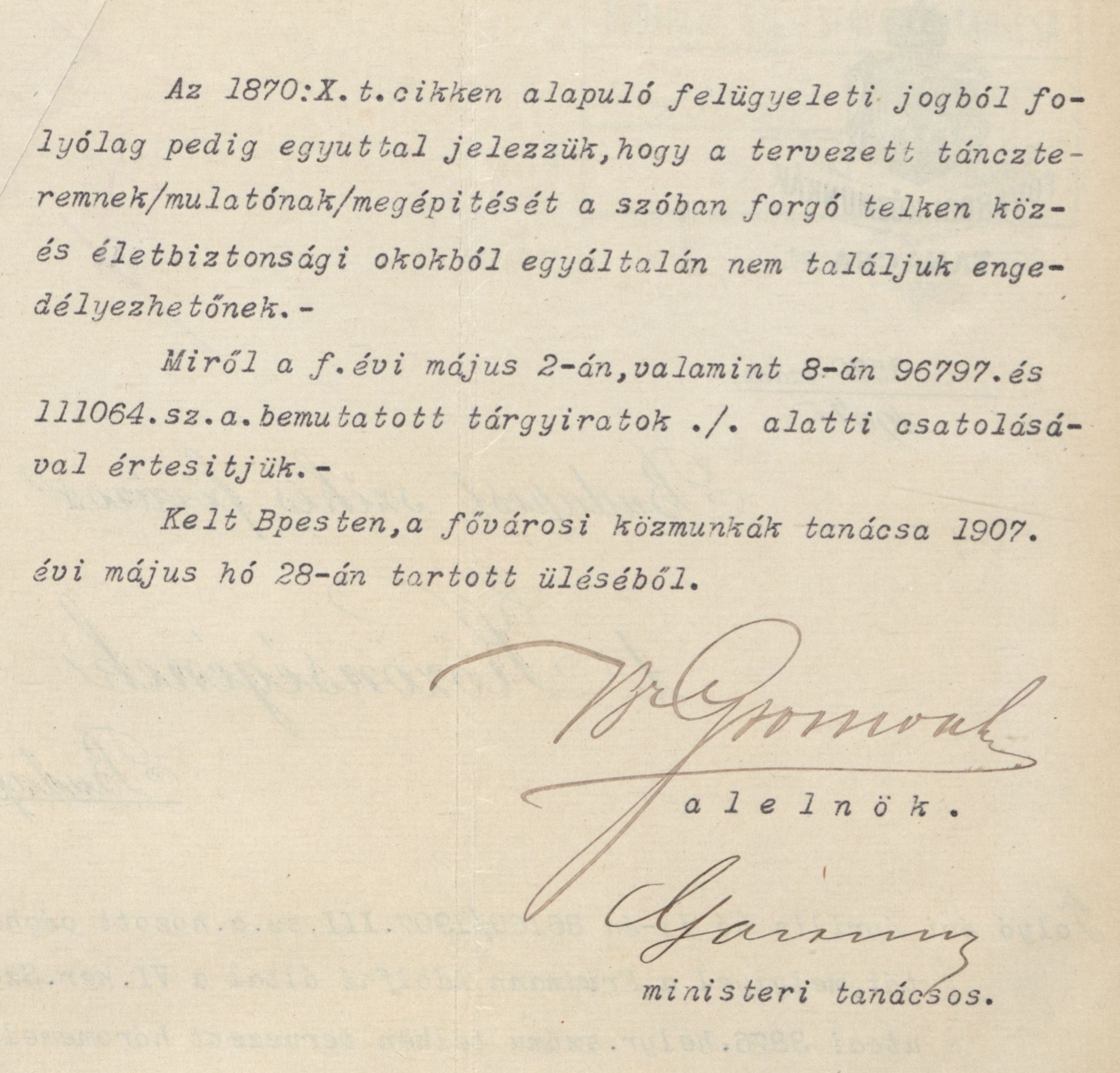 A Fővárosi Közmunkák Tanácsának az építési engedélyt megsemmisítő másodfokú határozata, 1907. V. 28. 063_BFL_IV_1407_b III_415_1907