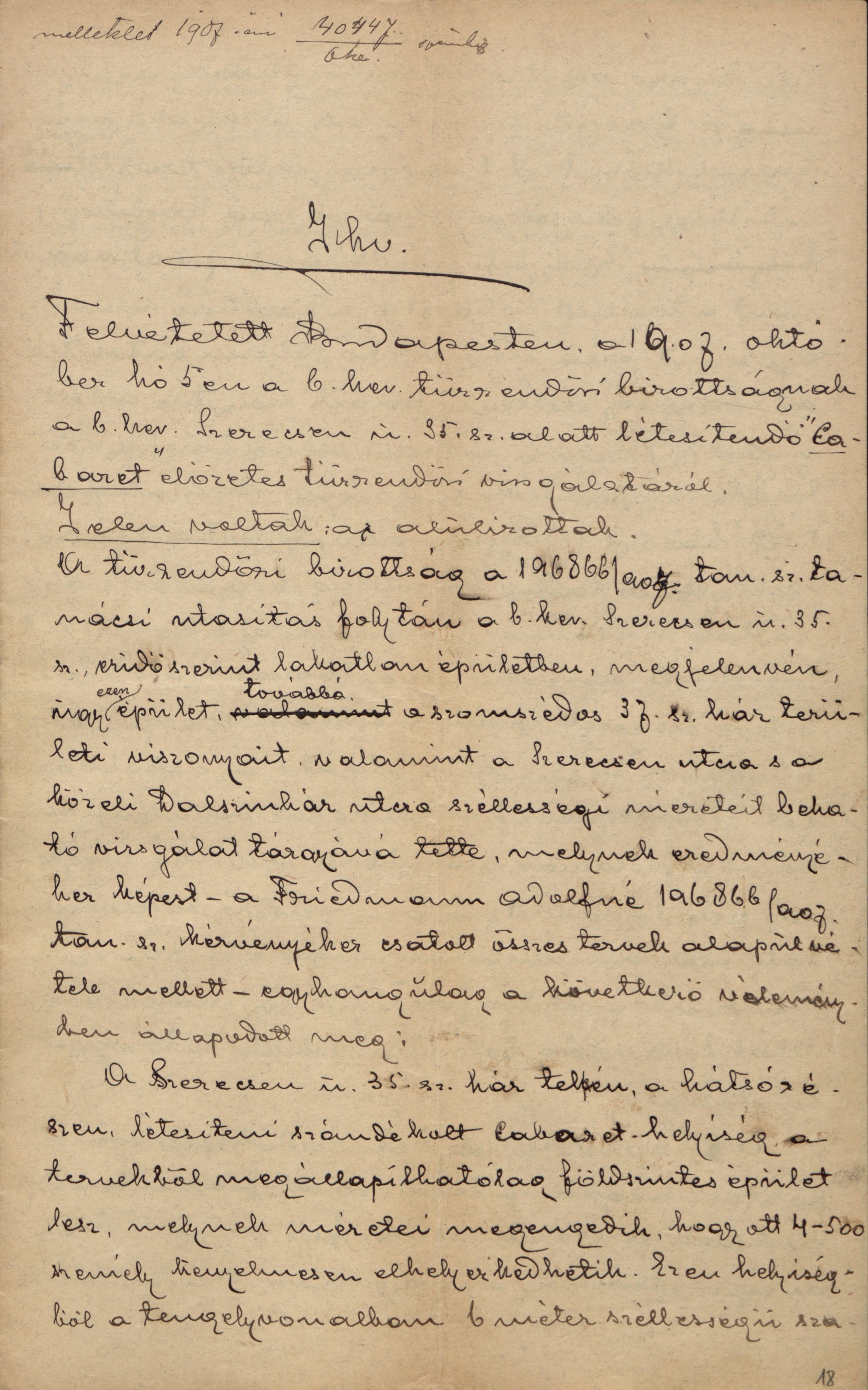 A VI. kerületi tűzrendészeti bizottságnak a mulató előzetes vizsgálatáról felvett jegyzőkönyve, 1907. X. 5. 071_BFL_IV_1407_b III_2674_1907