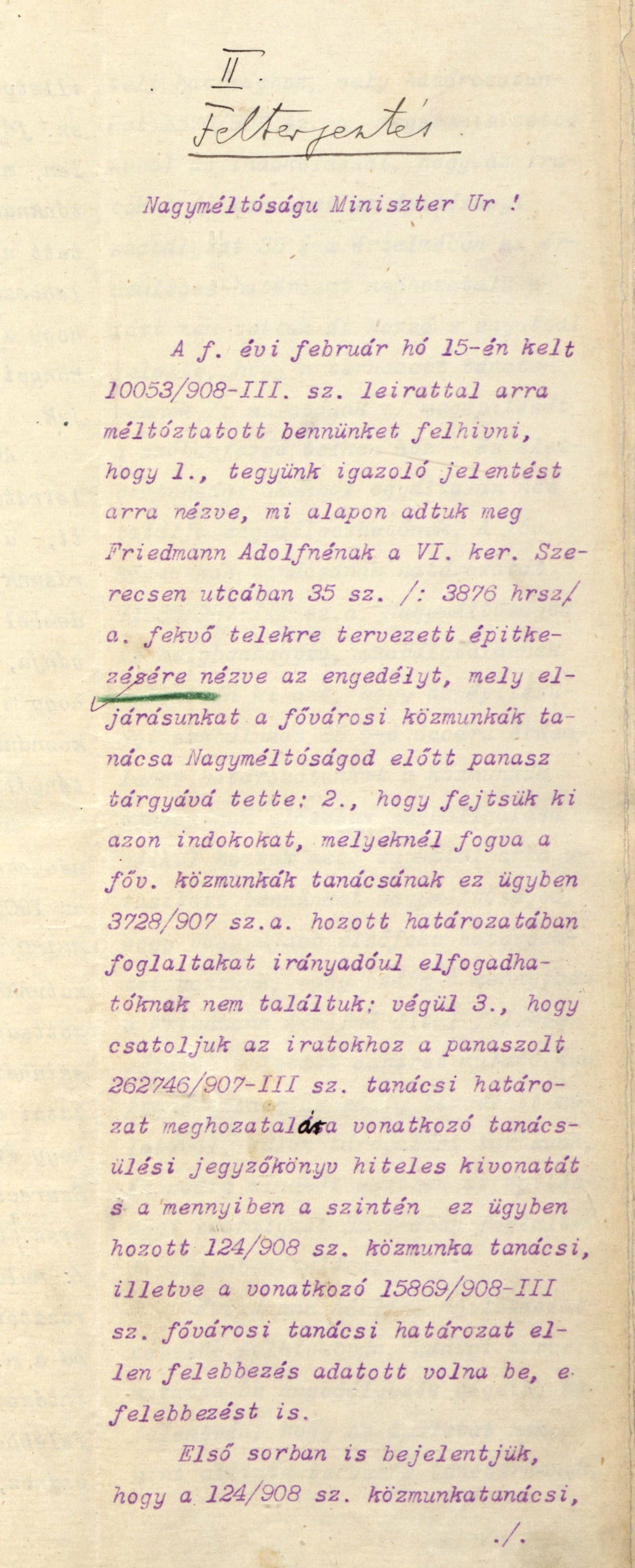 A főváros tanácsának felterjesztése a belügyminiszterhez (fogalmazta Harrer Ferenc), 1908. III. 12. 085_BFL_IV_1407_b III_2674_1907