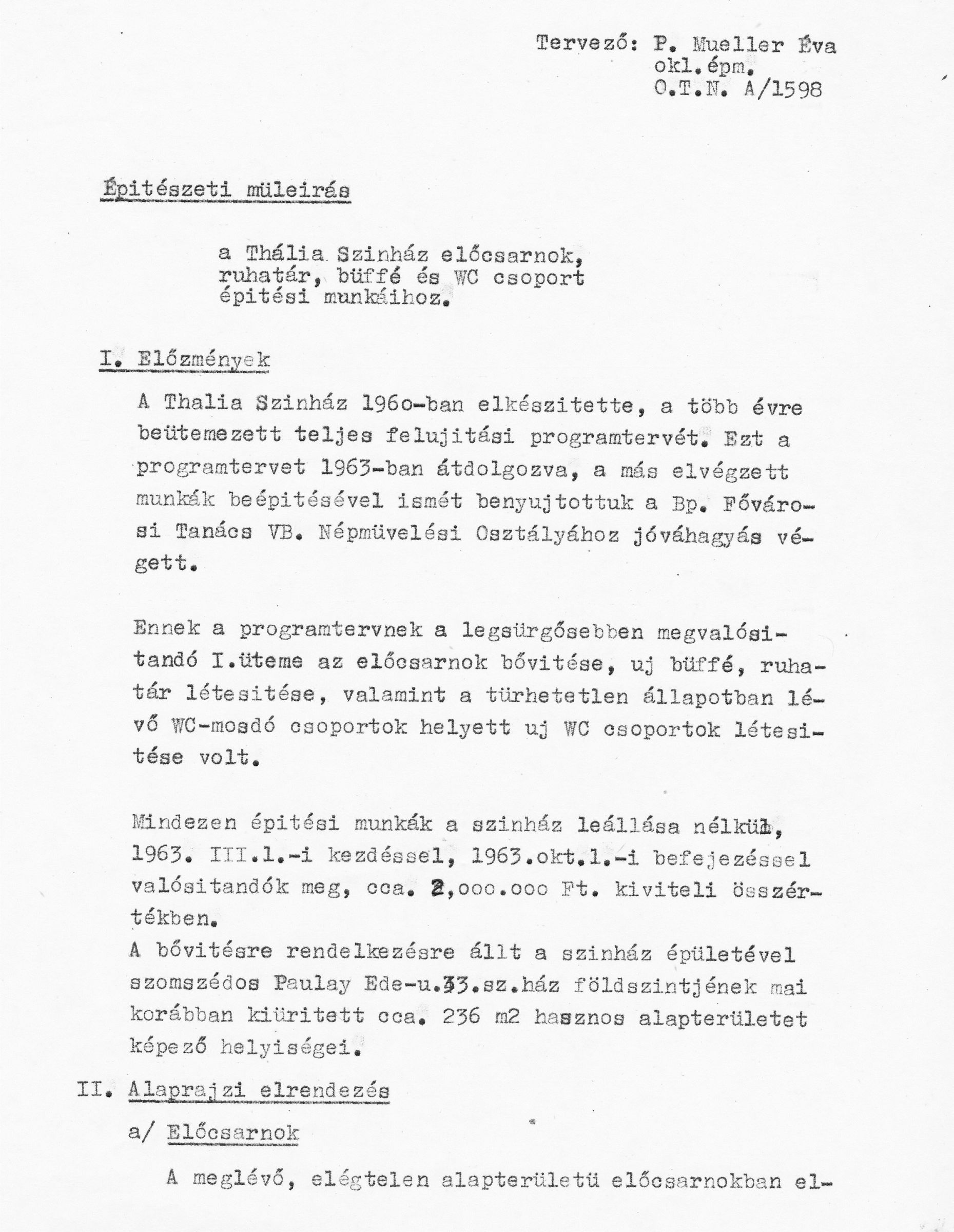 P. Mueller Éva (KÖZTI): A Thália Színház előcsarnoka bővítésének terve, építészeti műleírás, 1964. 0090_BFL_XV_17_e_306_BMF_iratai