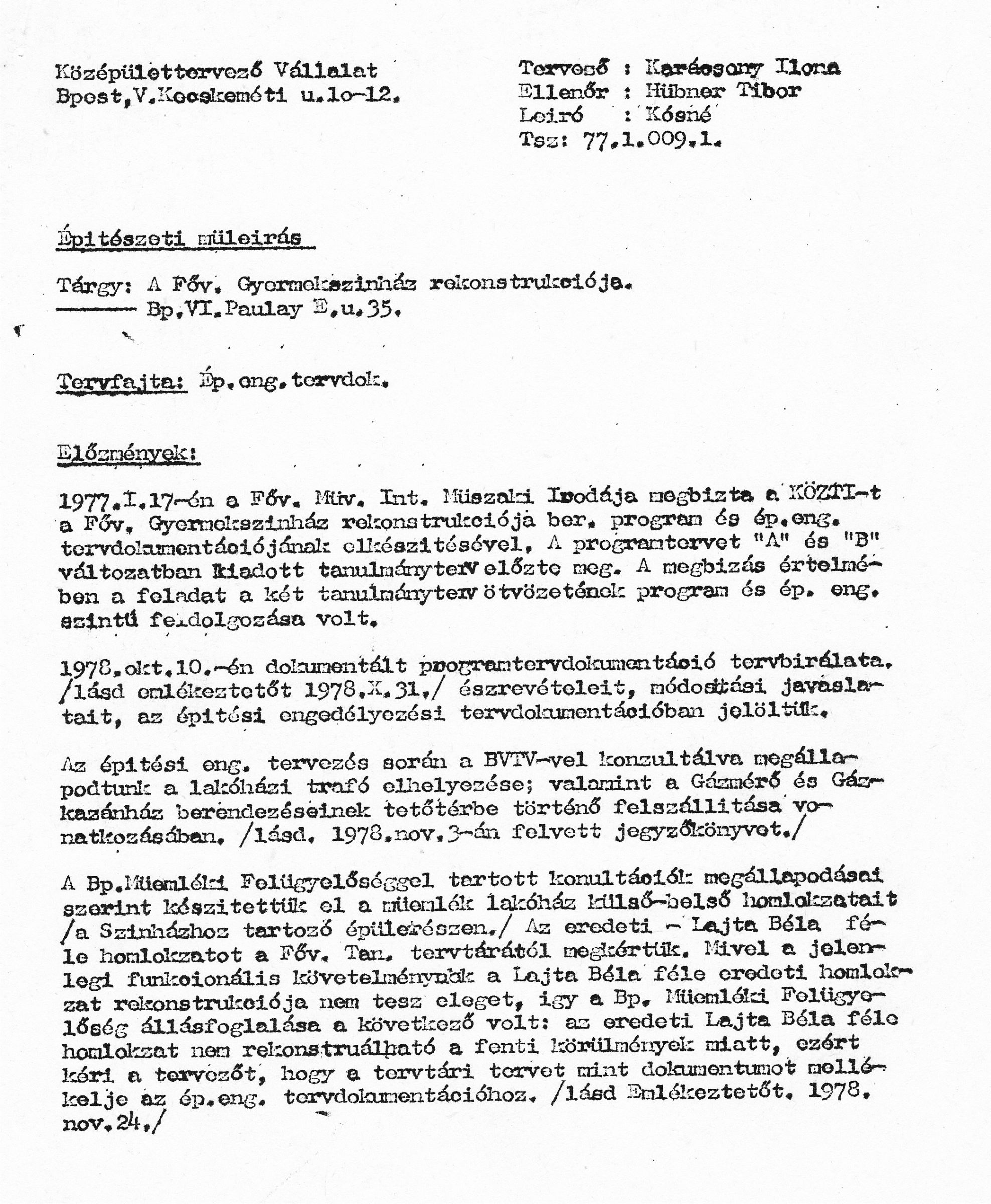 P. Mueller Éva - Karácsony Ilona (KÖZTI): A Fővárosi Gyermekszínház átépítésének terve, építészeti műleírás, 1978. XI. 5. 0101_BFL_XV_17_e_306_BMF_iratai