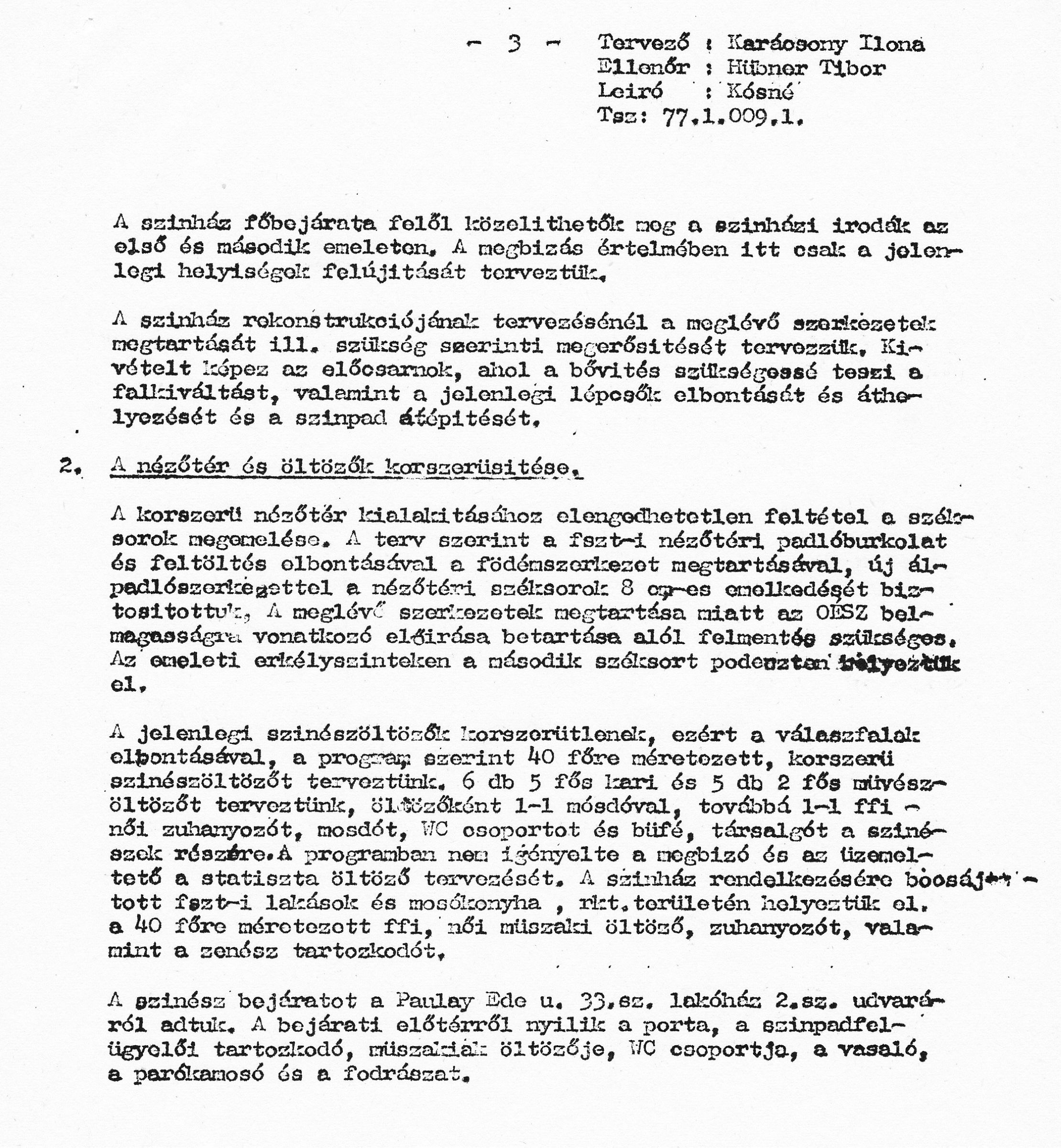 P. Mueller Éva - Karácsony Ilona (KÖZTI): A Fővárosi Gyermekszínház átépítésének terve, építészeti műleírás, 1978. XI. 5. 0103_BFL_XV_17_e_306_BMF_iratai