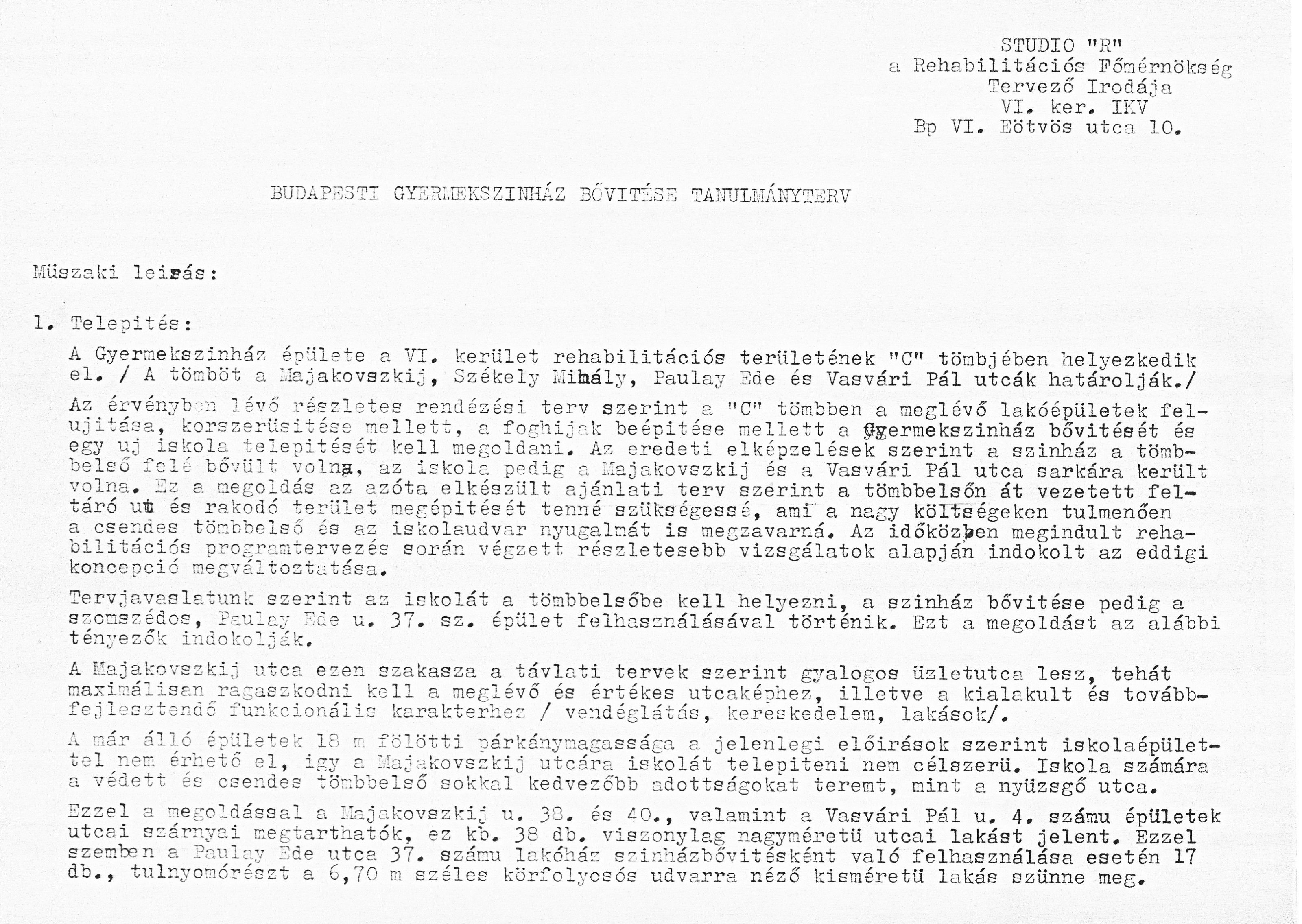 Kőnig Tamás - Wagner Péter (Studio R): Az Budapesti Gyermekszínház bővítésének tanulmányterve, építészeti műleírás, 1983. VII. 0136_BFL_XV_17_e_306_BMF_iratai