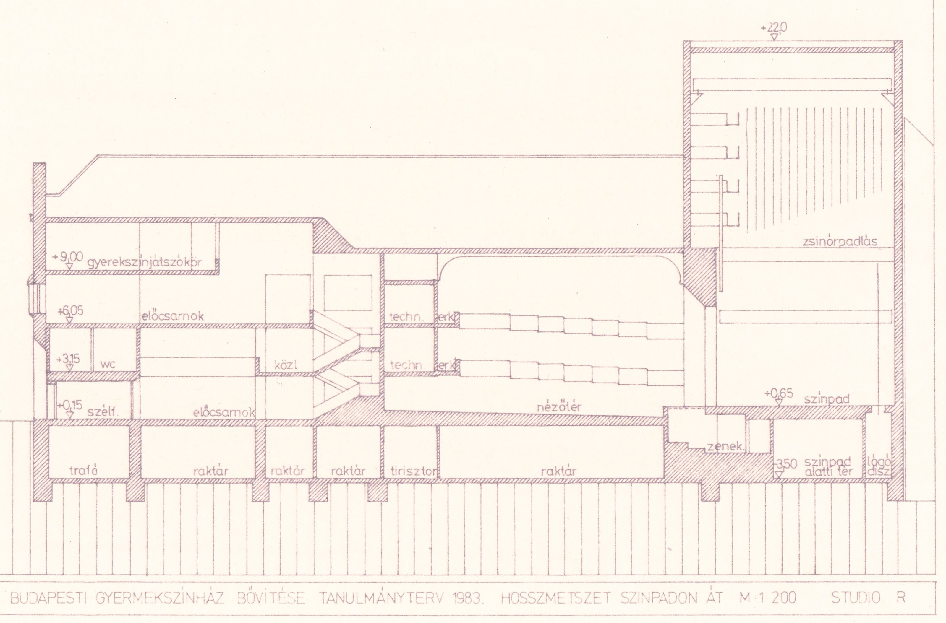 Kőnig Tamás - Wagner Péter (Studio R): Az Budapesti Gyermekszínház bővítésének tanulmányterve, hosszmetszet a színpadon át, 1983. 0130_BFL_XV_17_e_306_BMF_iratai