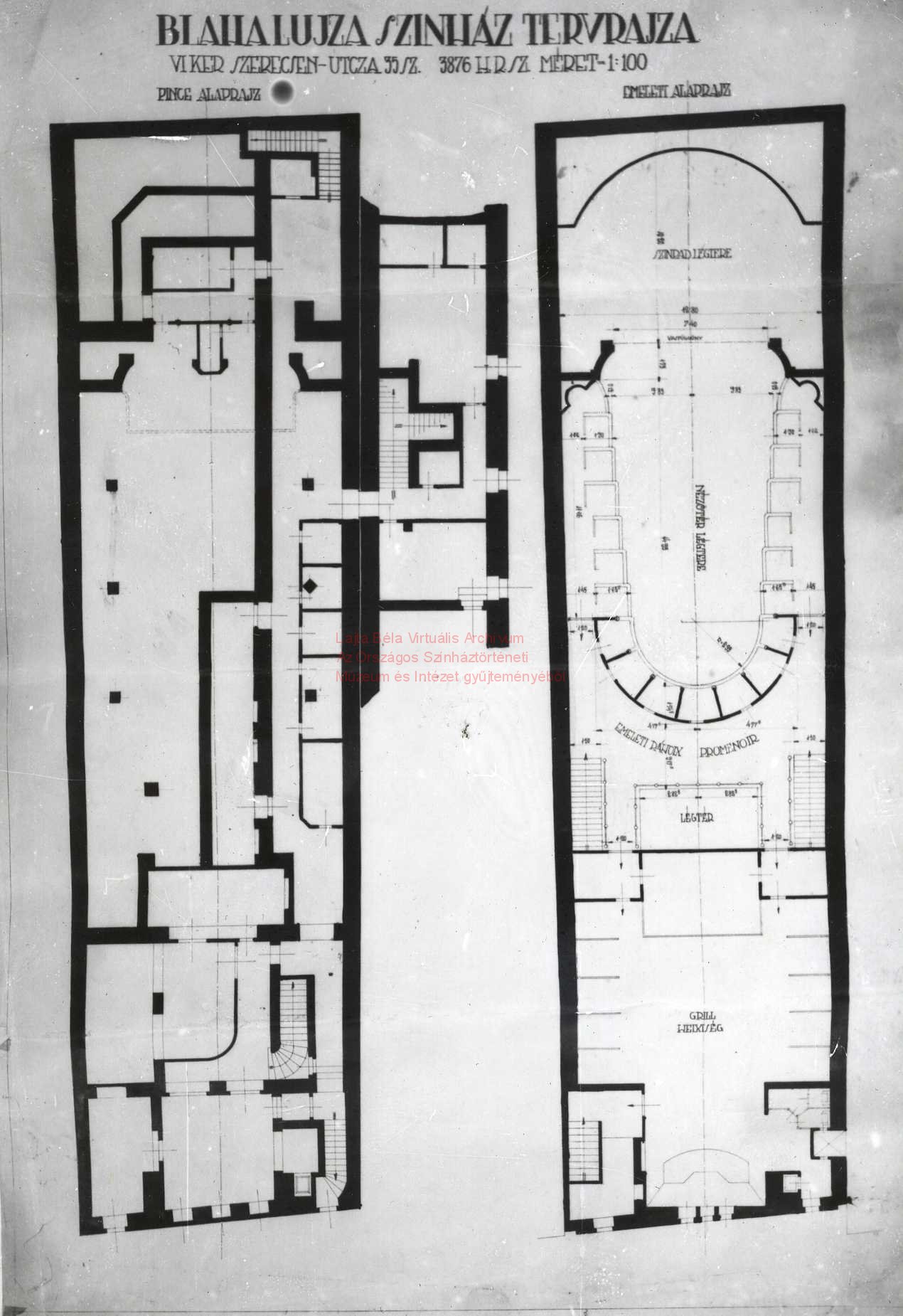 Vágó László: A Blaha Lujza Színház alagsori és első emeleti alaprajza, 1921 0027_Országos Színháztörténeti Múzeum és Intézet, Topográfiai gyűjtemény, ltsz.: 72.38