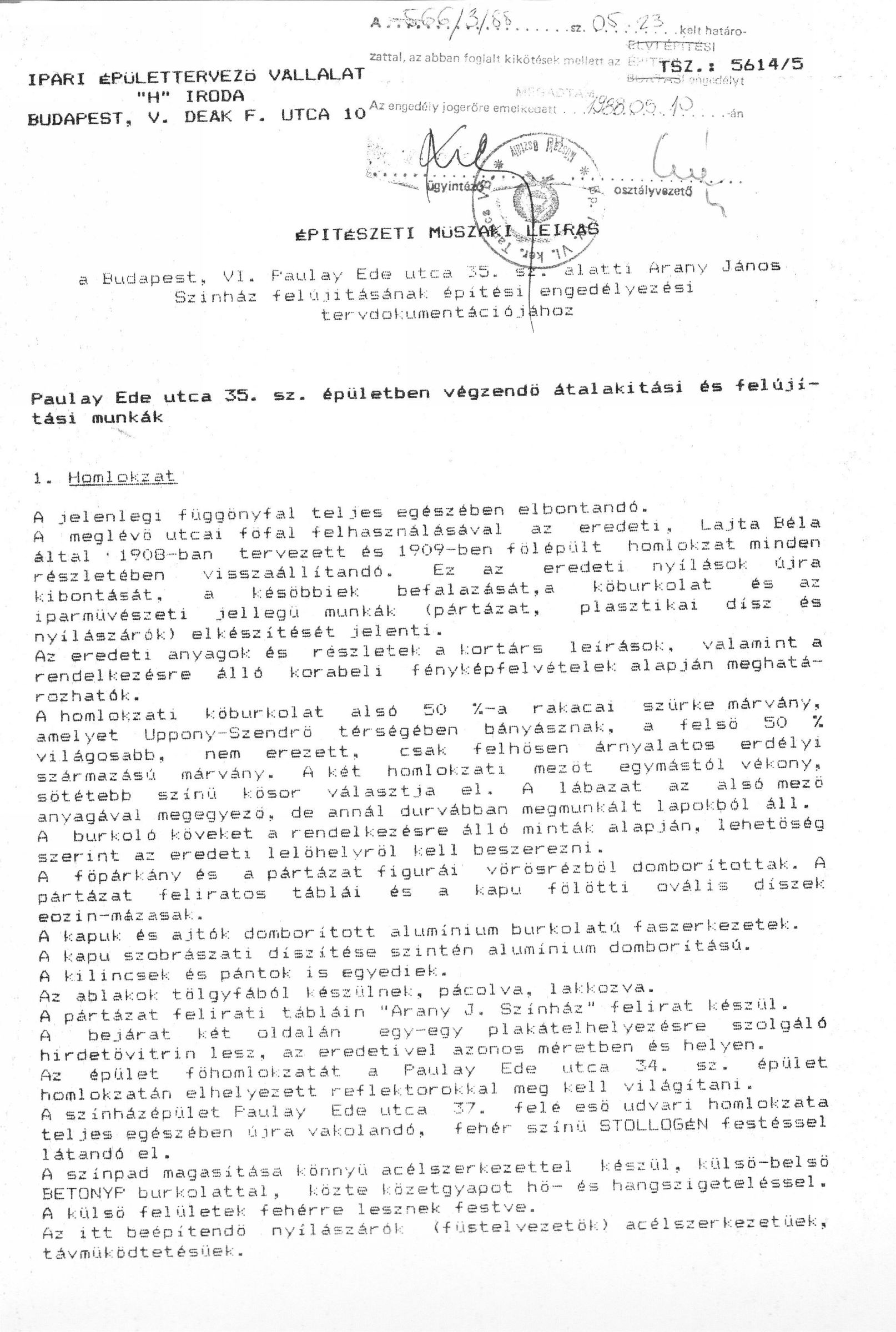 Kőnig Tamás - Wagner Péter (IPARTERV H Iroda): Az Arany János Színház felújításának terve, építészeti műleírás, 1988. 0153_BFL_XV_17_e_306_BMF_iratai