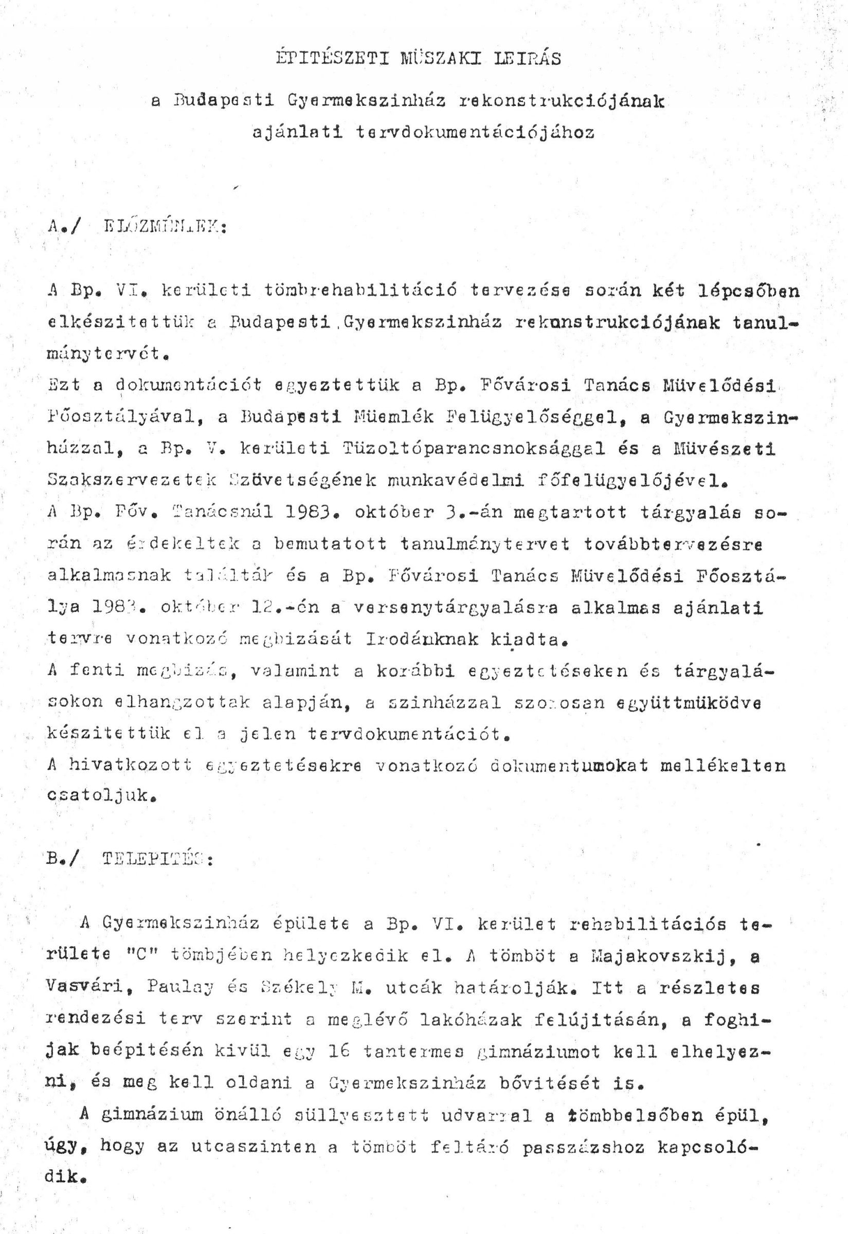 Kőnig Tamás - Wagner Péter (IPARTERV H Iroda): Az Budapesti Gyermekszínház újjáépítésének ajánlati terve, építészeti műleírás, 1983. XII. 01431_BFL_XV_17_e_306_BMF_iratai