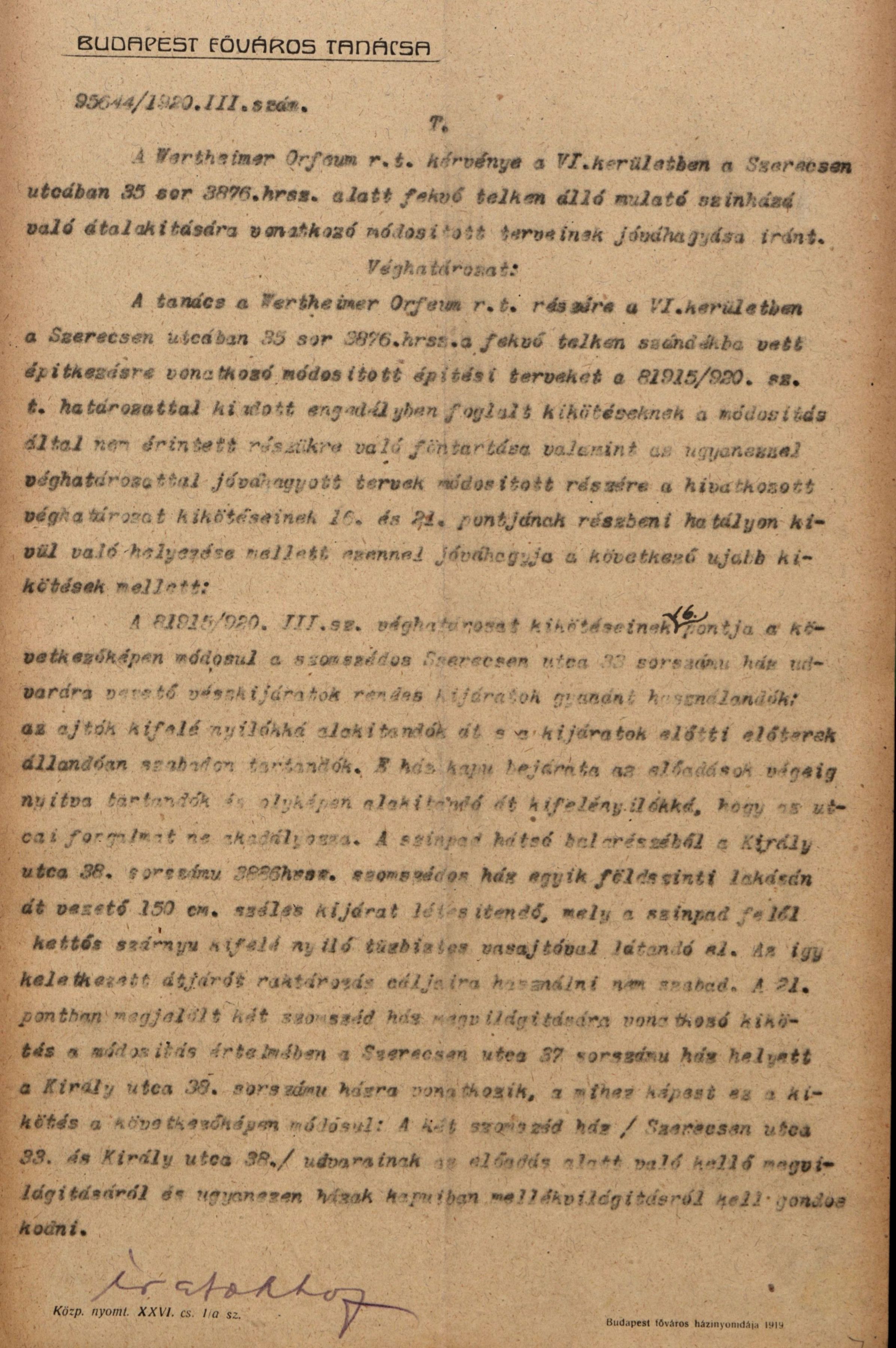 Engedély a Wertheimer Orfeum Rt. mulatójának színházzá alakítására, a módosított tervek szerint, 1920. IX. 22. 0009_BFL_IV_1407_b III_1968_1920
