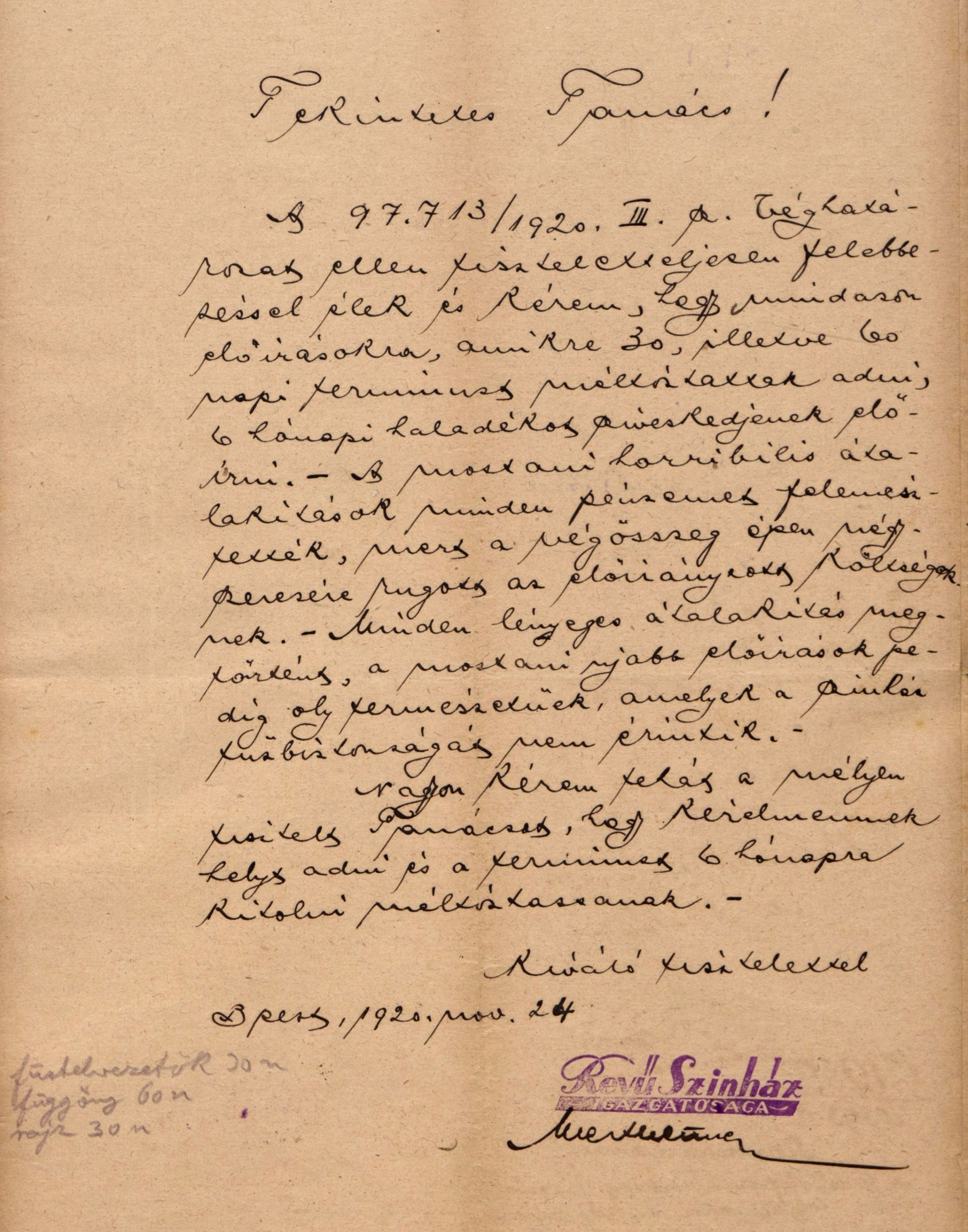 A Revü Színház igazgatóságának fellebbezése a nyitási engedély feltételeinek módosítása iránt, 1920. XI. 24. 0017_BFL_IV_1407_b III_1968_1920