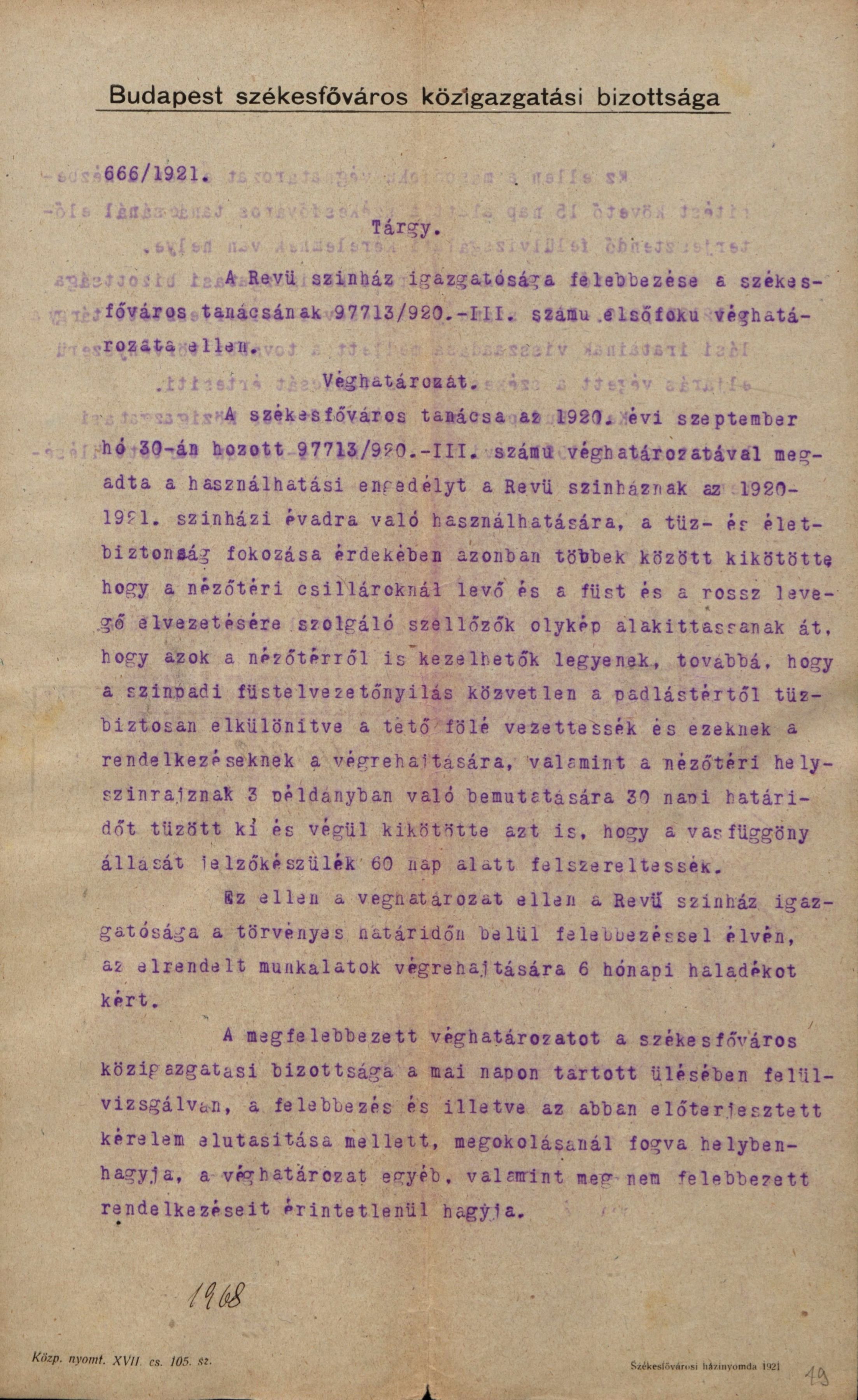 A Fővárosi Közigazgatási Bizottság határozata a Revü Színház fellebbezése ügyében, 1921. III. 14. 0018_BFL_IV_1407_b III_1968_1920