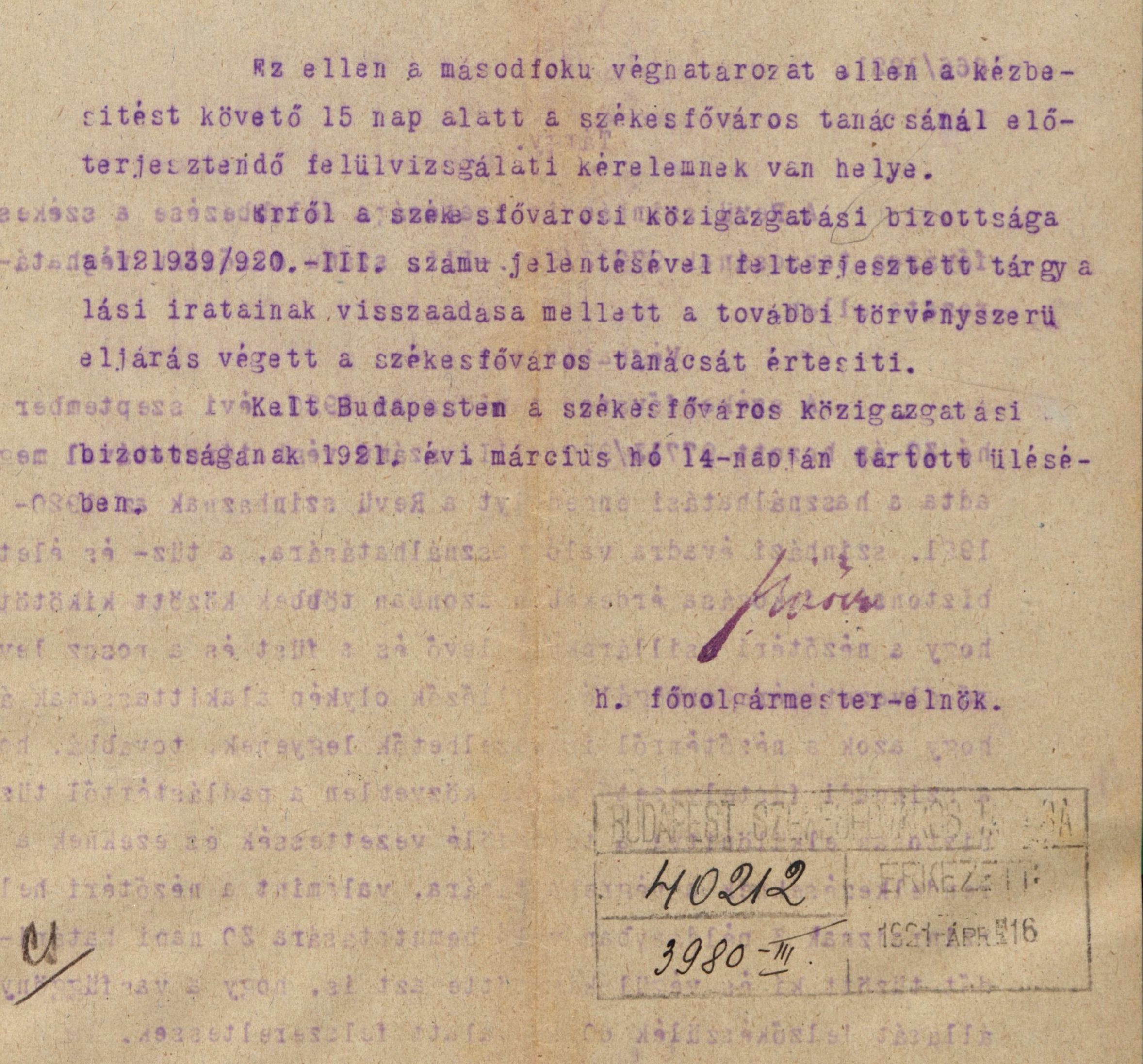 A Fővárosi Közigazgatási Bizottság határozata a Revü Színház fellebbezése ügyében, 1921. III. 14. 0019_BFL_IV_1407_b III_1968_1920
