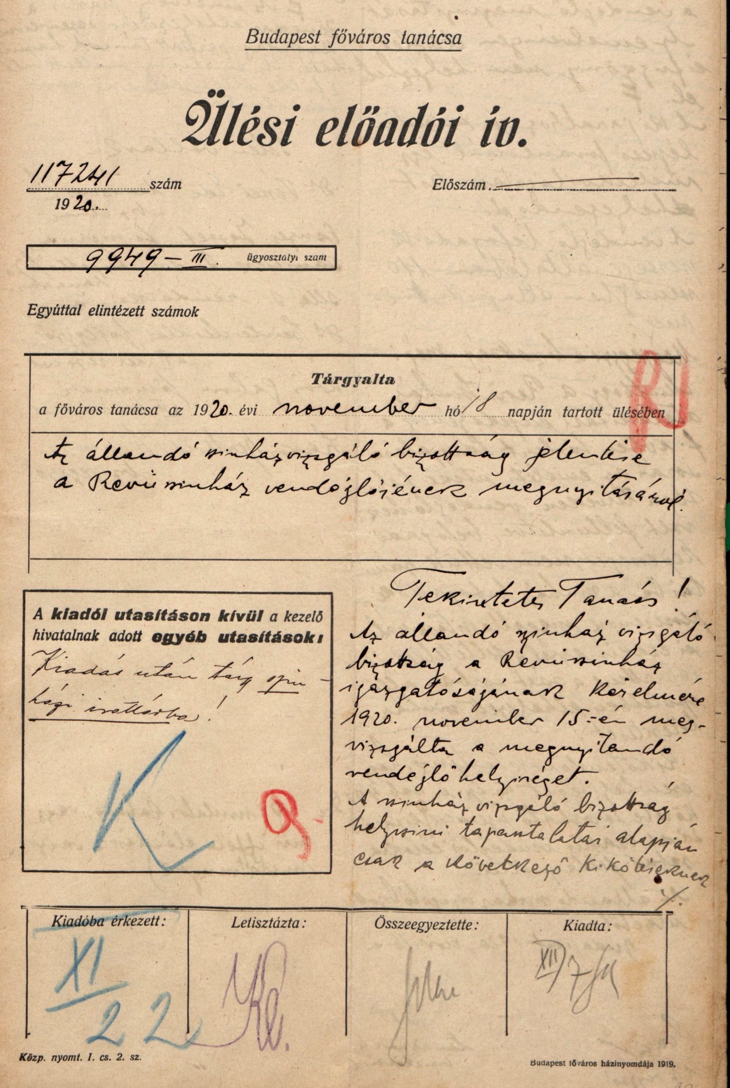 Az állandó színházvizsgáló bizottság jelentése a Revü Színház vendéglőjének vizsgálatáról, 1920. XI. 16. 0015_BFL_IV_1407_b III_1968_1920