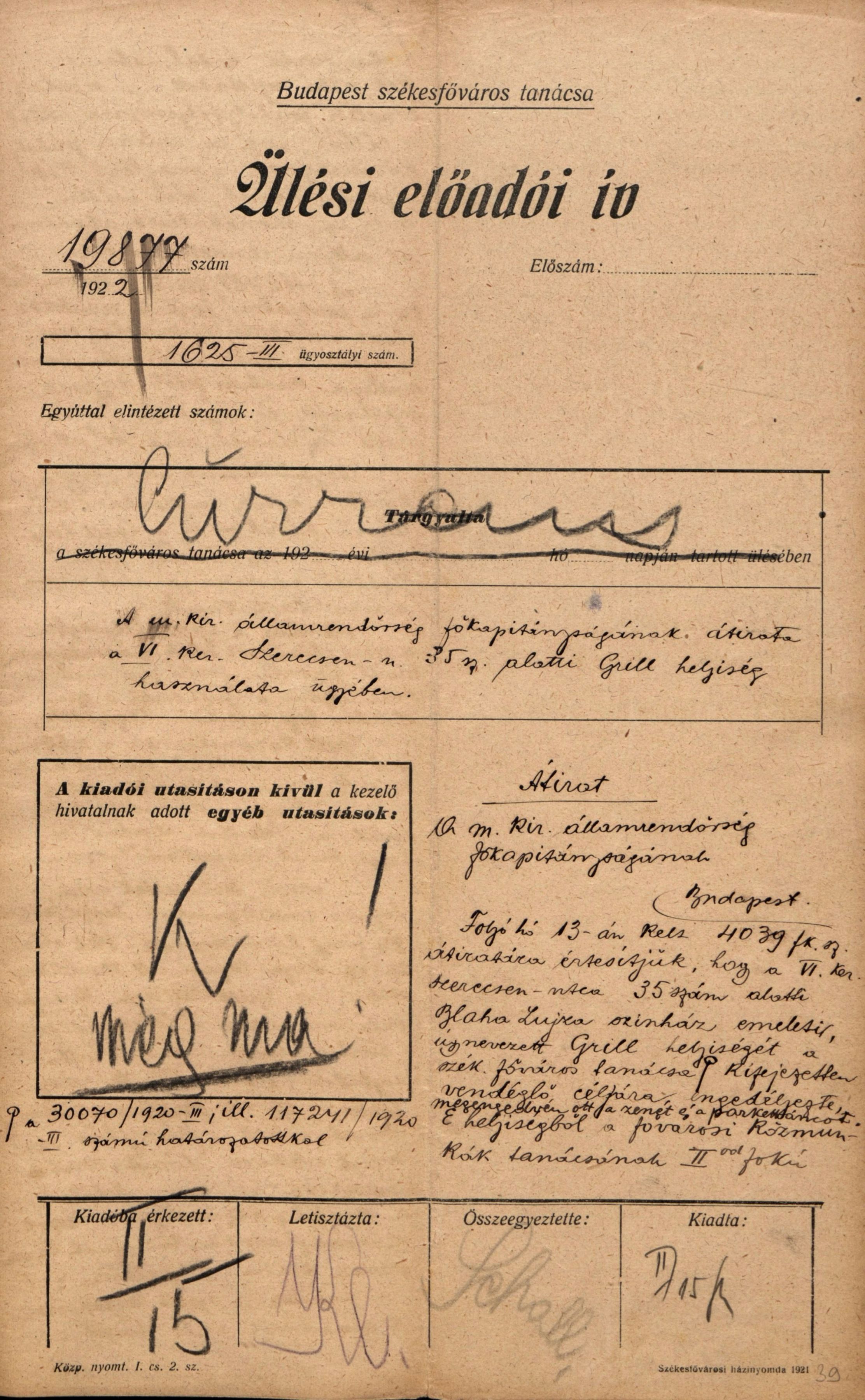 A főváros tanácsának átirata a rendőr-főkapitánysághoz a Parisien Grill helyiségének használata ügyében, 1922. II. 15. 0047_BFL_IV_1407_b III_1968_1920