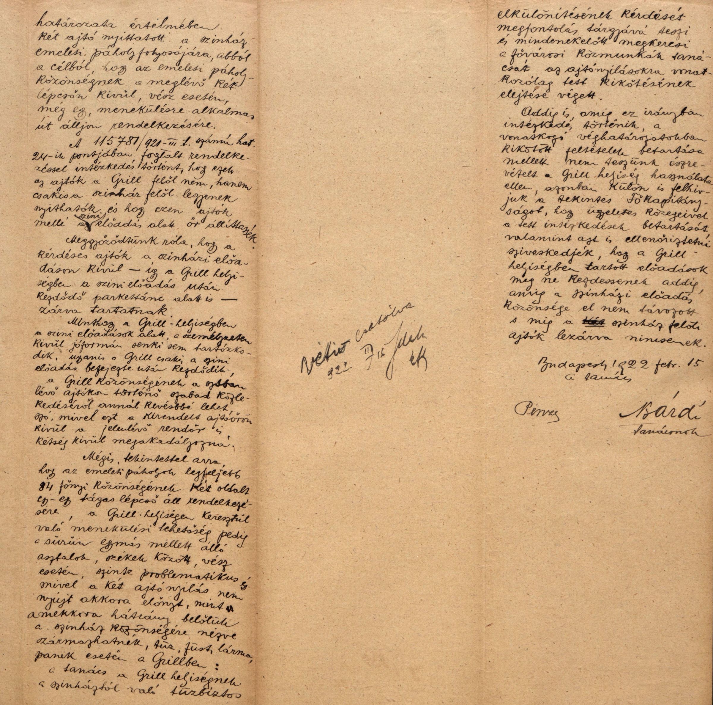 A főváros tanácsának átirata a rendőr-főkapitánysághoz a Parisien Grill helyiségének használata ügyében, 1922. II. 15. 0048_BFL_IV_1407_b III_1968_1920