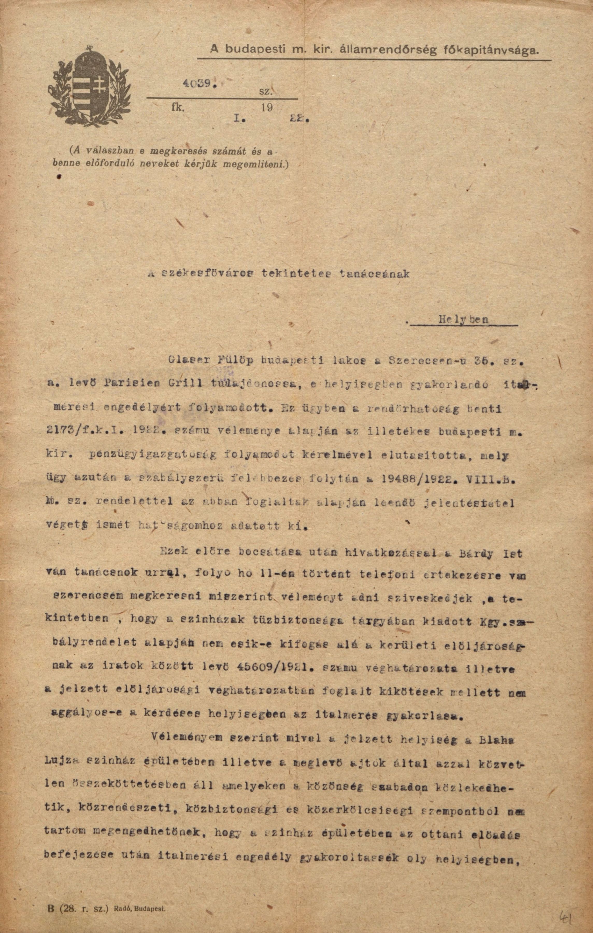 A rendőr-főkapitányság átirata a főváros tanácsához a Parisien Grill helyiségének használata ügyében, 1922. II. 13. 0045_BFL_IV_1407_b III_1968_1920