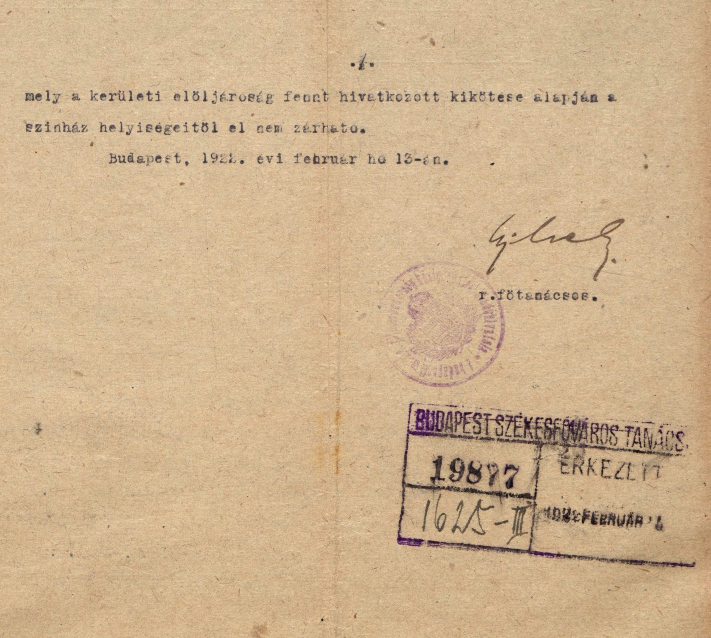 A rendőr-főkapitányság átirata a főváros tanácsához a Parisien Grill helyiségének használata ügyében, 1922. II. 13. 0046_BFL_IV_1407_b III_1968_1920