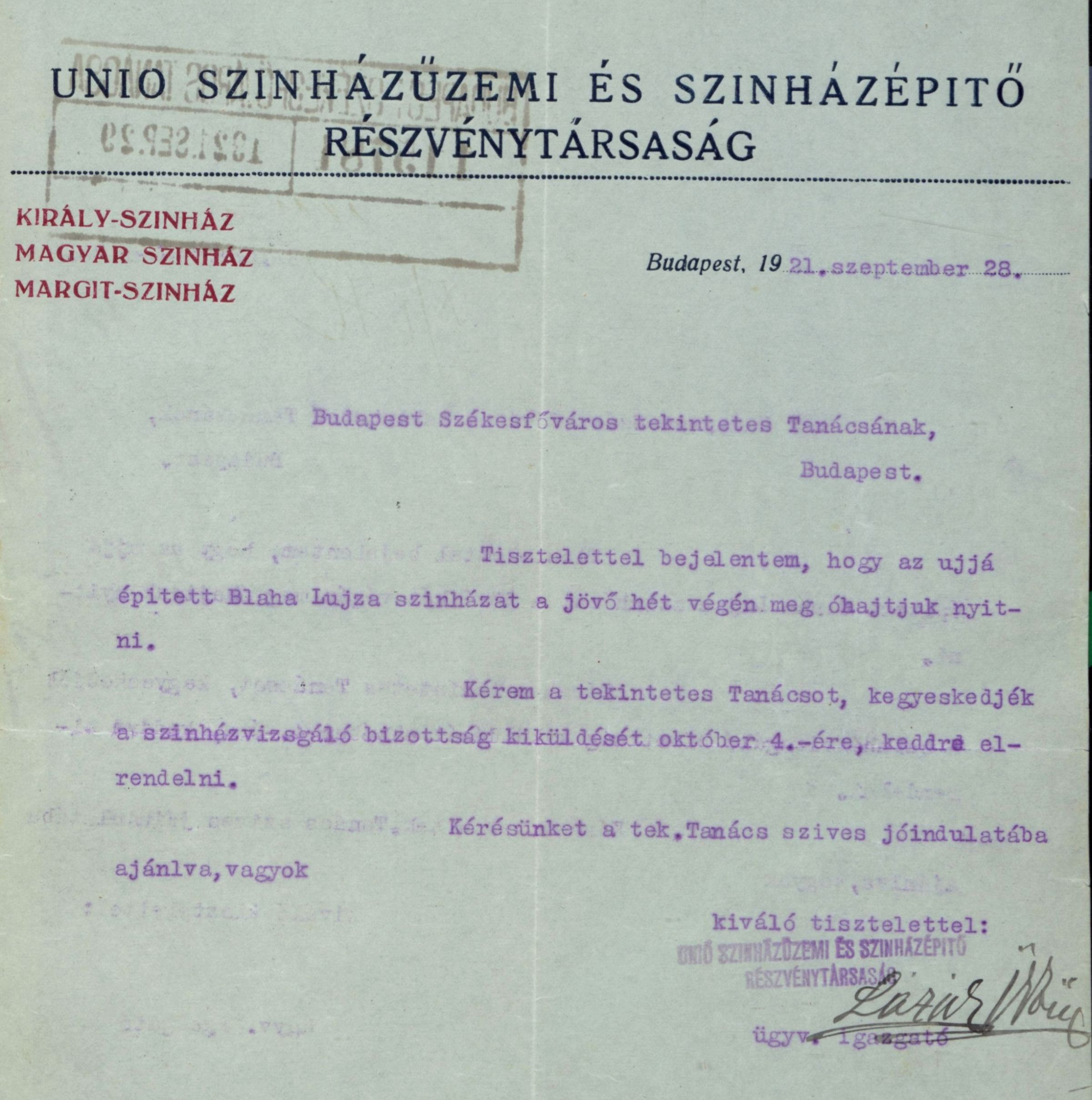 Az Unio Rt kérelme a Blaha Lujza Színház megnyitását megelőző helyszíni szemle kiküldése iránt, 1921. IX. 28. 0042_BFL_IV_1420_c