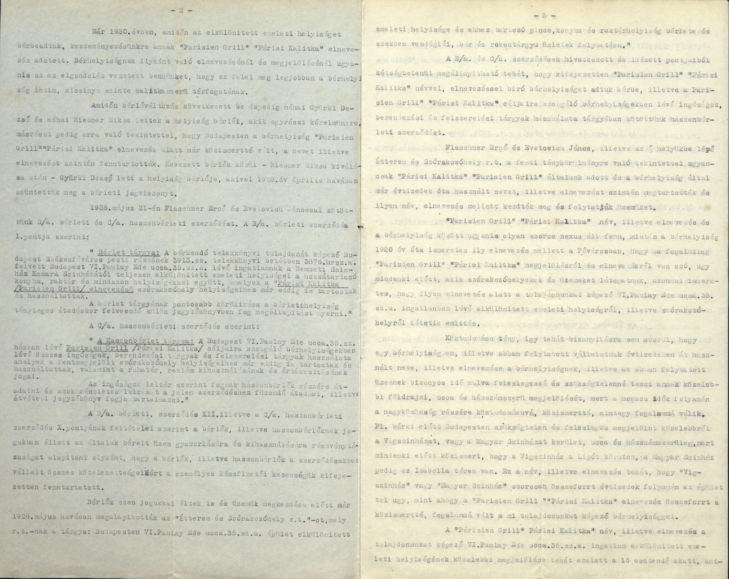 A Wertheimer Orfeum Rt. fellebbezése a Cégbíróságnak a \"Parisien Grill\" elnevezés használata ügyében hozott döntése ellen, 1936. 0057_BFL_VII_2_e Cg 29.208