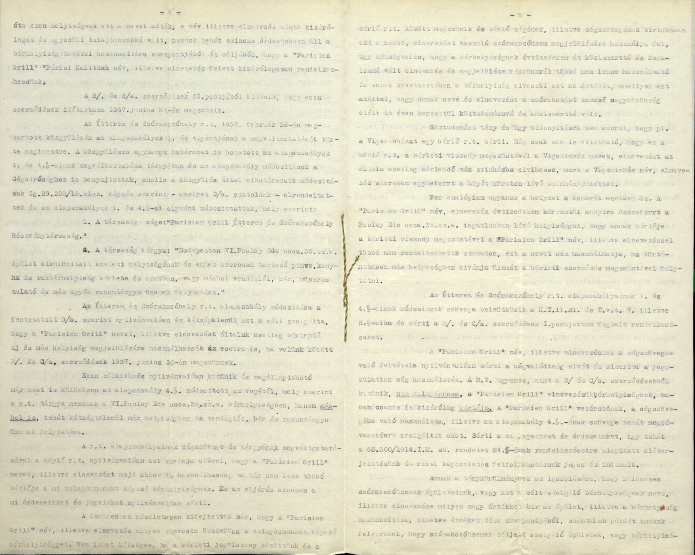 A Wertheimer Orfeum Rt. fellebbezése a Cégbíróságnak a \"Parisien Grill\" elnevezés használata ügyében hozott döntése ellen, 1936. 0058_BFL_VII_2_e Cg 29.208