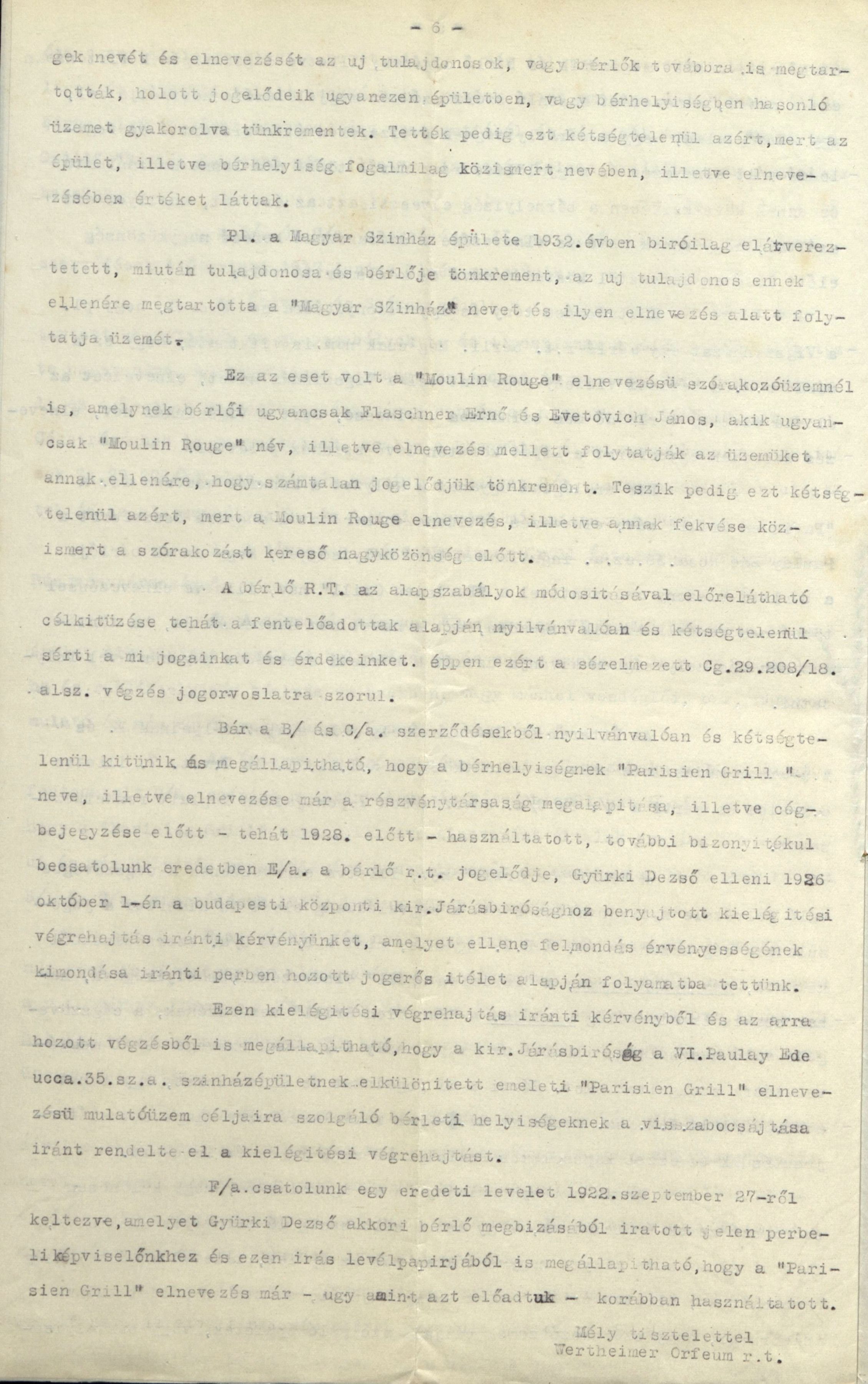 A Wertheimer Orfeum Rt. fellebbezése a Cégbíróságnak a \"Parisien Grill\" elnevezés használata ügyében hozott döntése ellen, 1936. 0059_BFL_VII_2_e Cg 29.208
