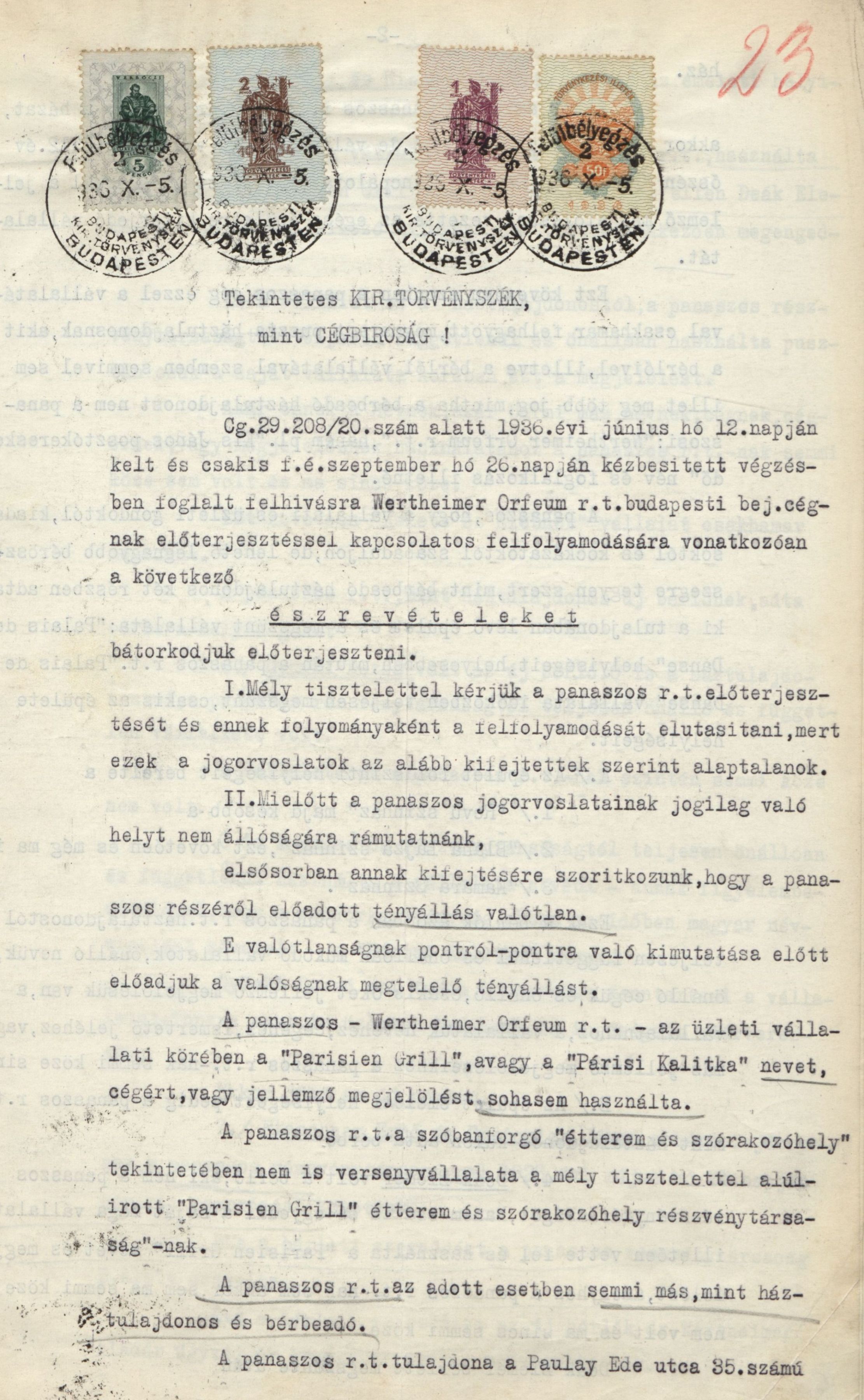 A Parisien Grill Étterem és Szórakozóhely Rt. észrevétele a Wertheimer Orfeum Rt. fellebbezésével kapcsolatban, 1936. X. 5. 0060_BFL_VII_2_e Cg 29.208