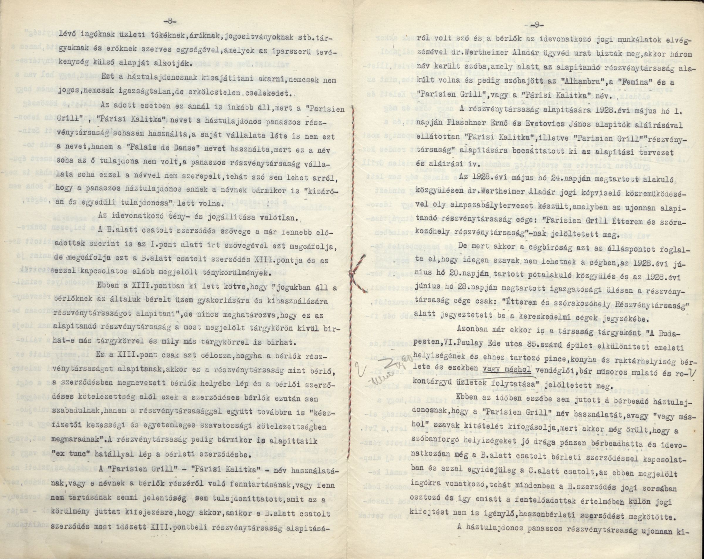 A Parisien Grill Étterem és Szórakozóhely Rt. észrevétele a Wertheimer Orfeum Rt. fellebbezésével kapcsolatban, 1936. X. 5. 0064_BFL_VII_2_e Cg 29.208