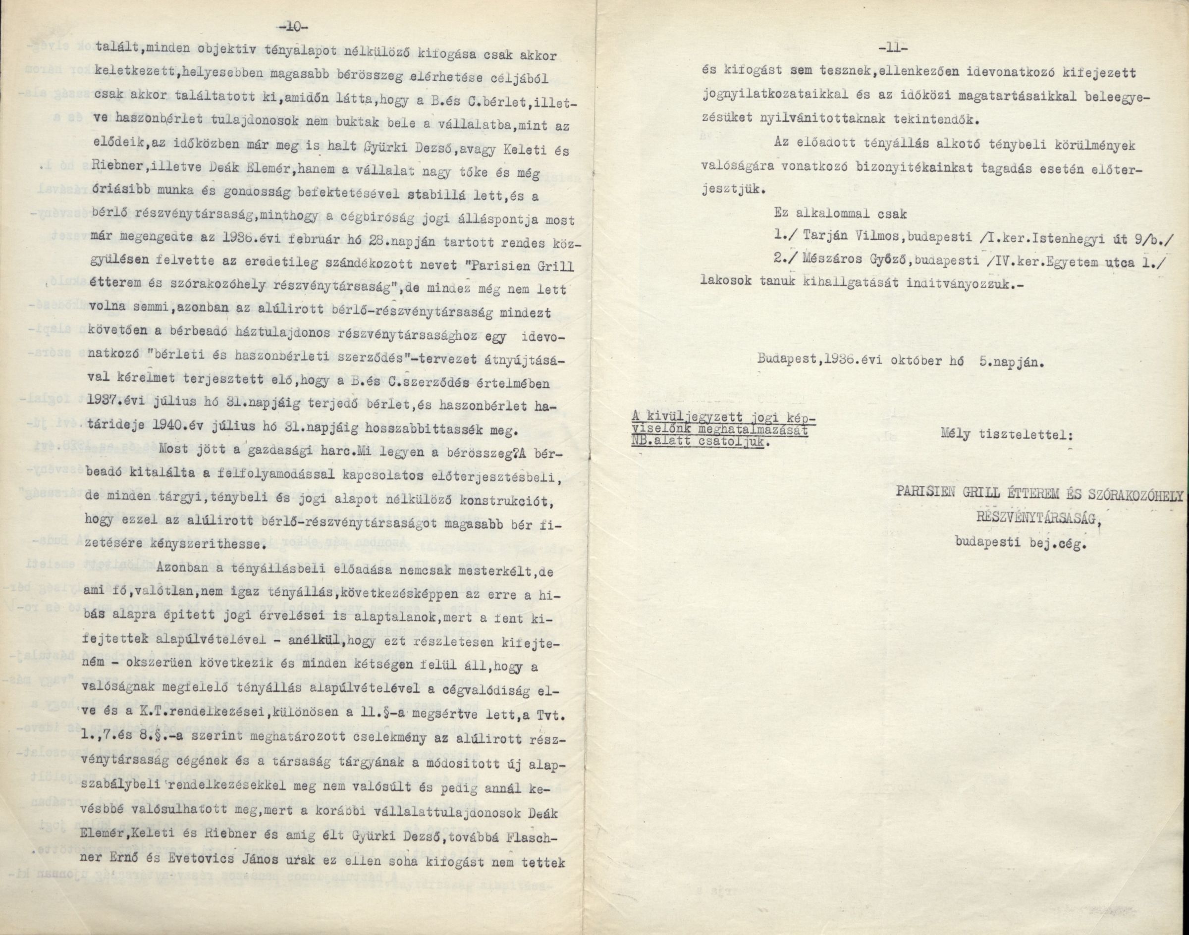 A Parisien Grill Étterem és Szórakozóhely Rt. észrevétele a Wertheimer Orfeum Rt. fellebbezésével kapcsolatban, 1936. X. 5. 0065_BFL_VII_2_e Cg 29.208
