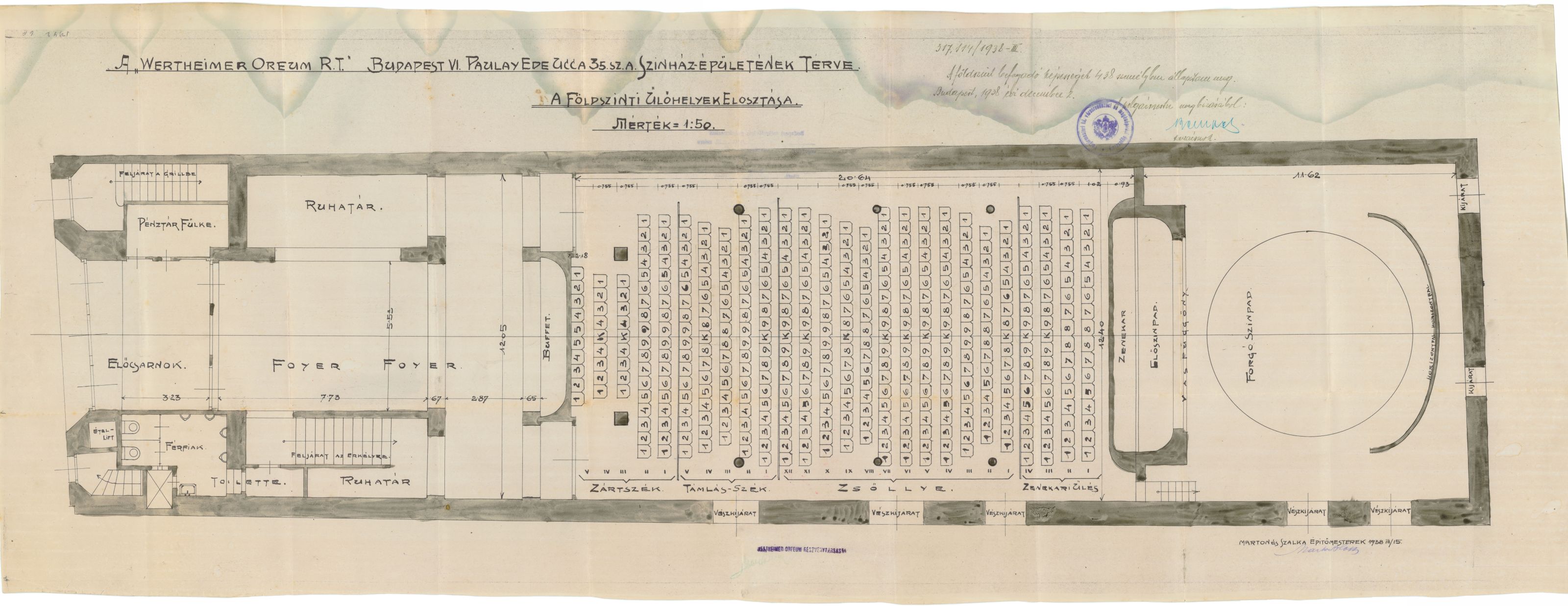 Marton és Szalka: Az Andrássy Színház földszinti alaprajza a nézőtéri ülőhelyek kiosztásával, 1938. III. 15. 0070_BFL_IV_1420_c_1