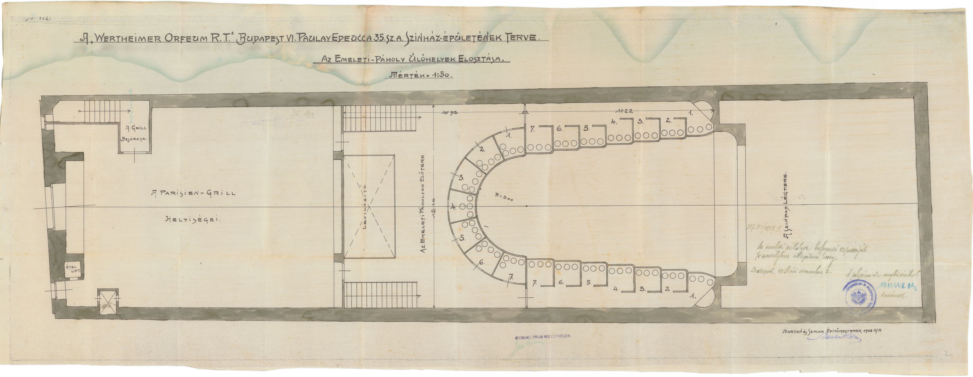 Marton és Szalka: Az Andrássy Színház emeleti alaprajza a páholy-ülőhelyek kiosztásával, 1938. III. 15. 0071_BFL_IV_1420_c_2