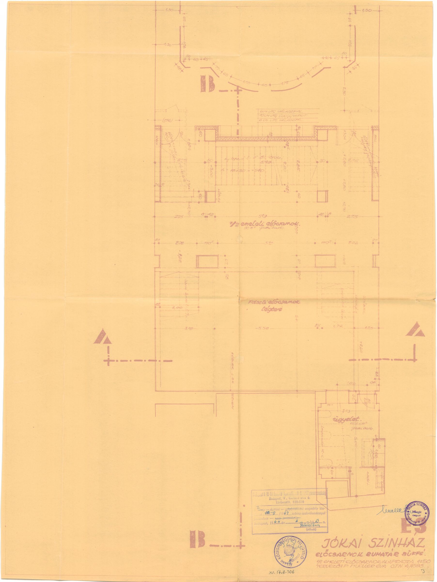 P. Mueller Éva (KÖZTI): A Thália Színház előcsarnoka bővítésének terve, félemeleti alaprajz, 1964. 0086_BFL_XV_17_e_306_BMF_iratai