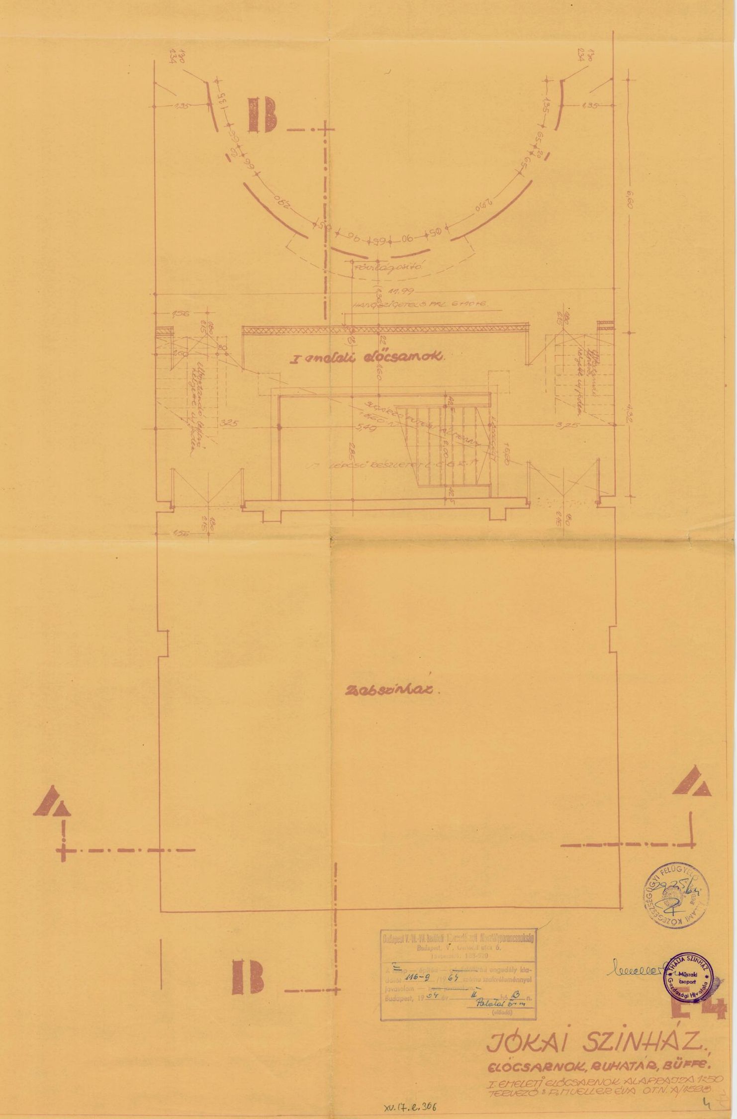 P. Mueller Éva (KÖZTI): A Thália Színház előcsarnoka bővítésének terve, első emeleti alaprajz, 1964. 0087_BFL_XV_17_e_306_BMF_iratai