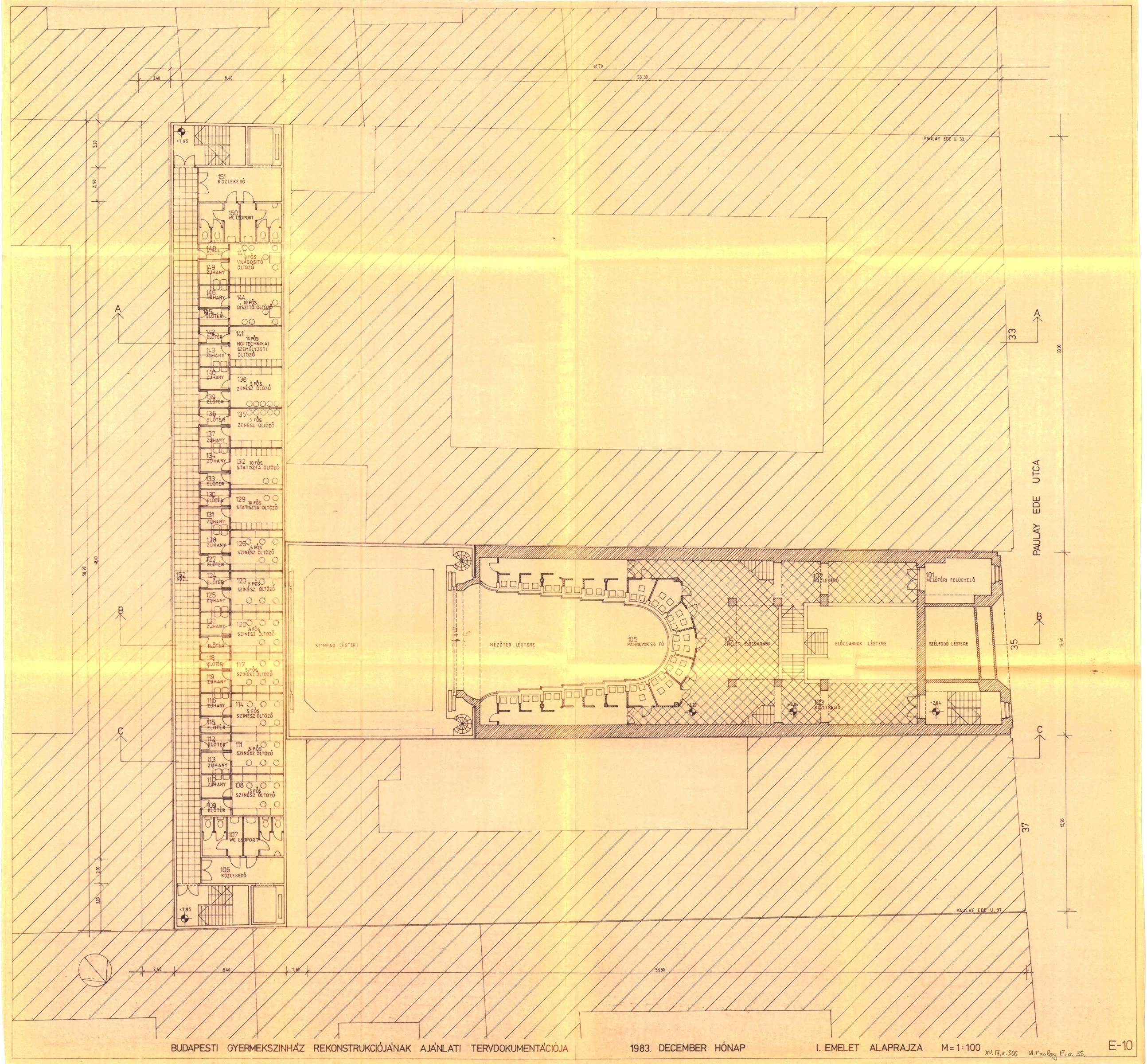 Kőnig Tamás - Wagner Péter (IPARTERV H Iroda): Az Budapesti Gyermekszínház újjáépítésének ajánlati terve, első emeleti alaprajz, 1983. XII. 0141_BFL_XV_17_e_306_BMF_iratai_0077
