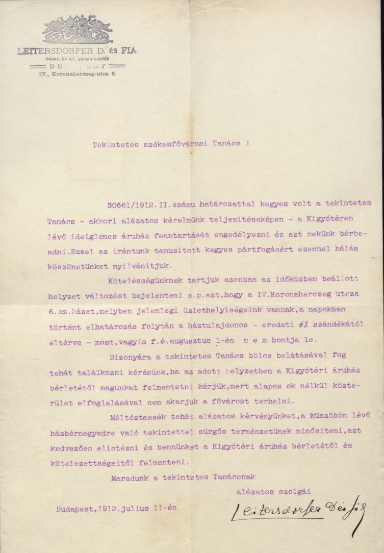 A Leitersdorfer D. és fia cég kérelme a főváros tanácsához üzlethelyiségének áthelyezésével kapcsolatban, 1912. VII. 11. 03_BFL_IV_1407_b_695_1908_II